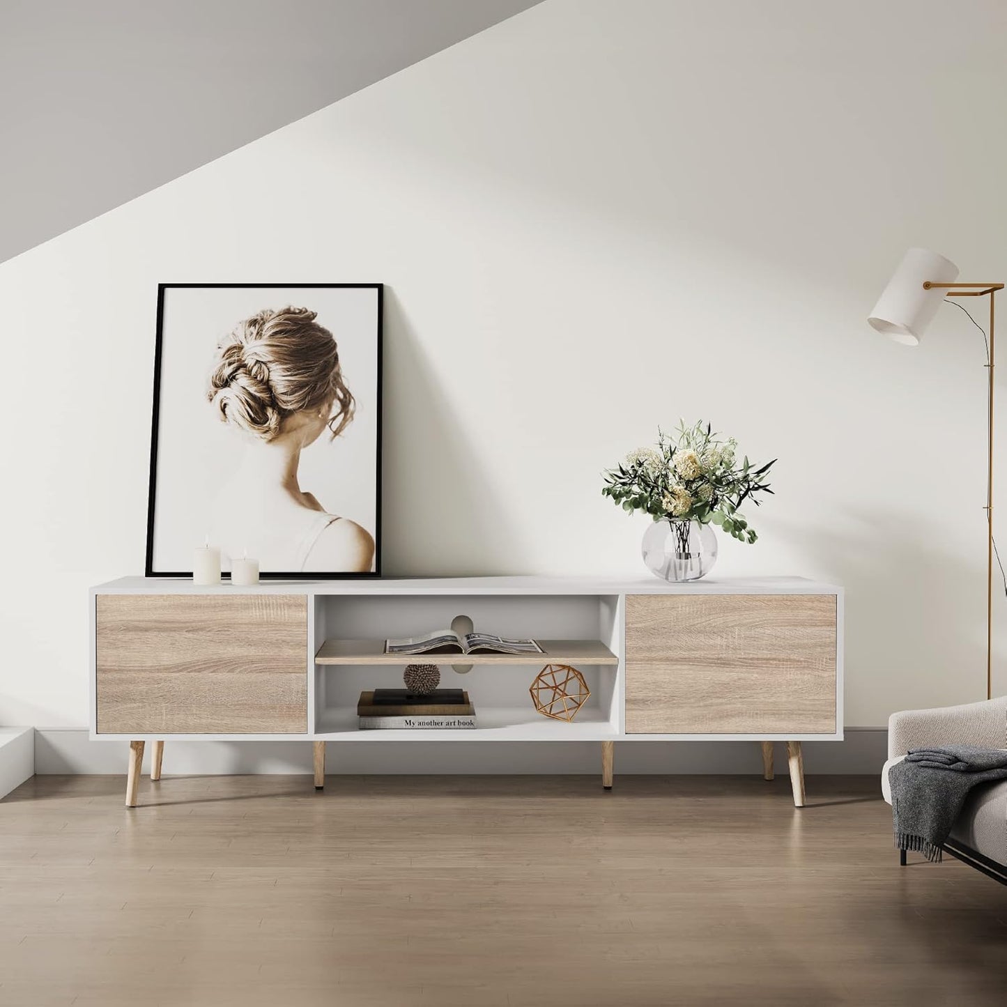 WAMPAT Mid-Century Modern TV Stand for TVs up to 75 inch Flat Screen Wood TV Console Media Cabinet with Storage Shelf, Home Entertainment Center with Doors in White&Oak for Living Room Bedroom, 70"
