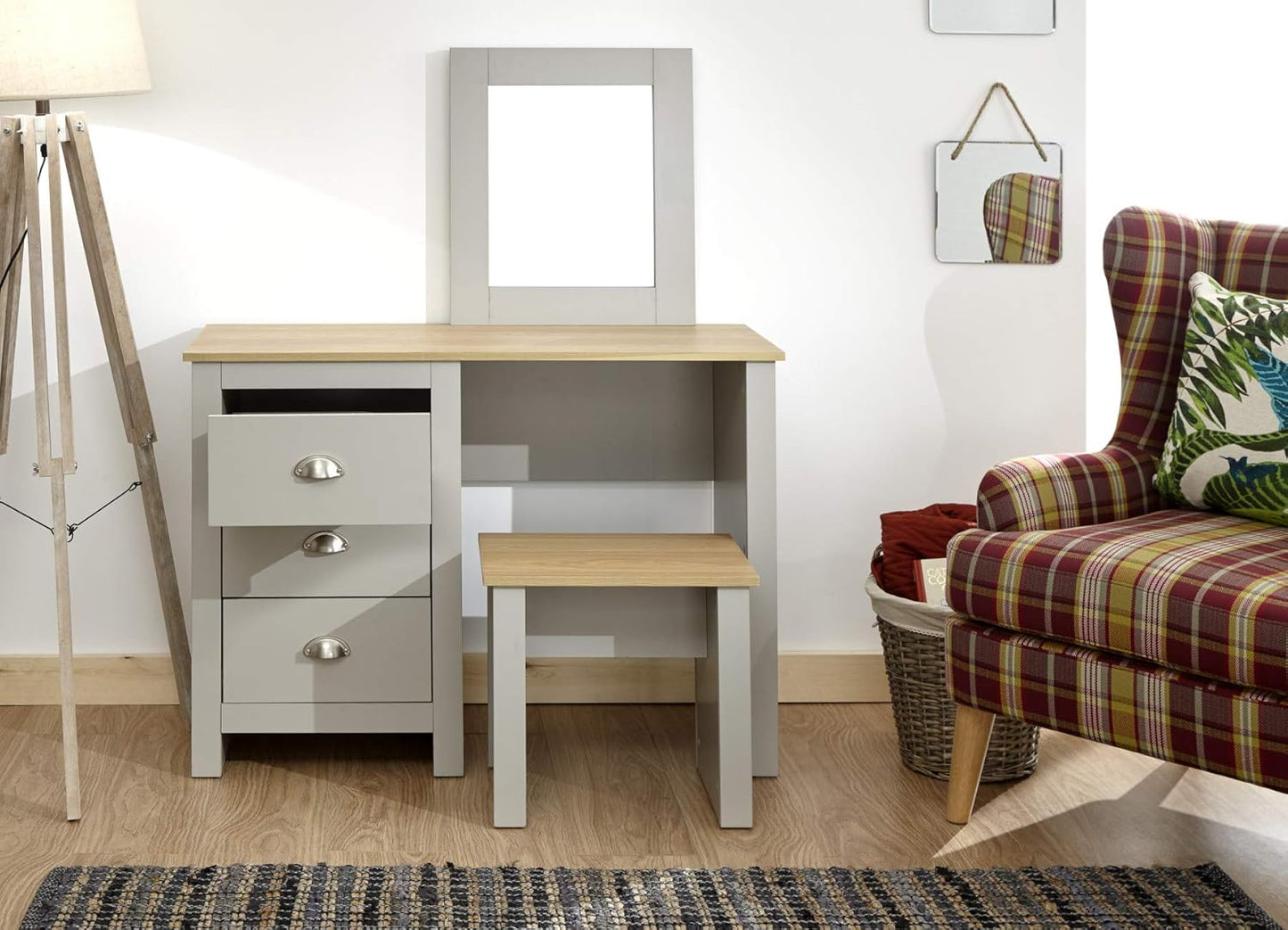 Home Source Grey Dressing Set with Mirror and Stool Jewellery Table, 3 Drawer
