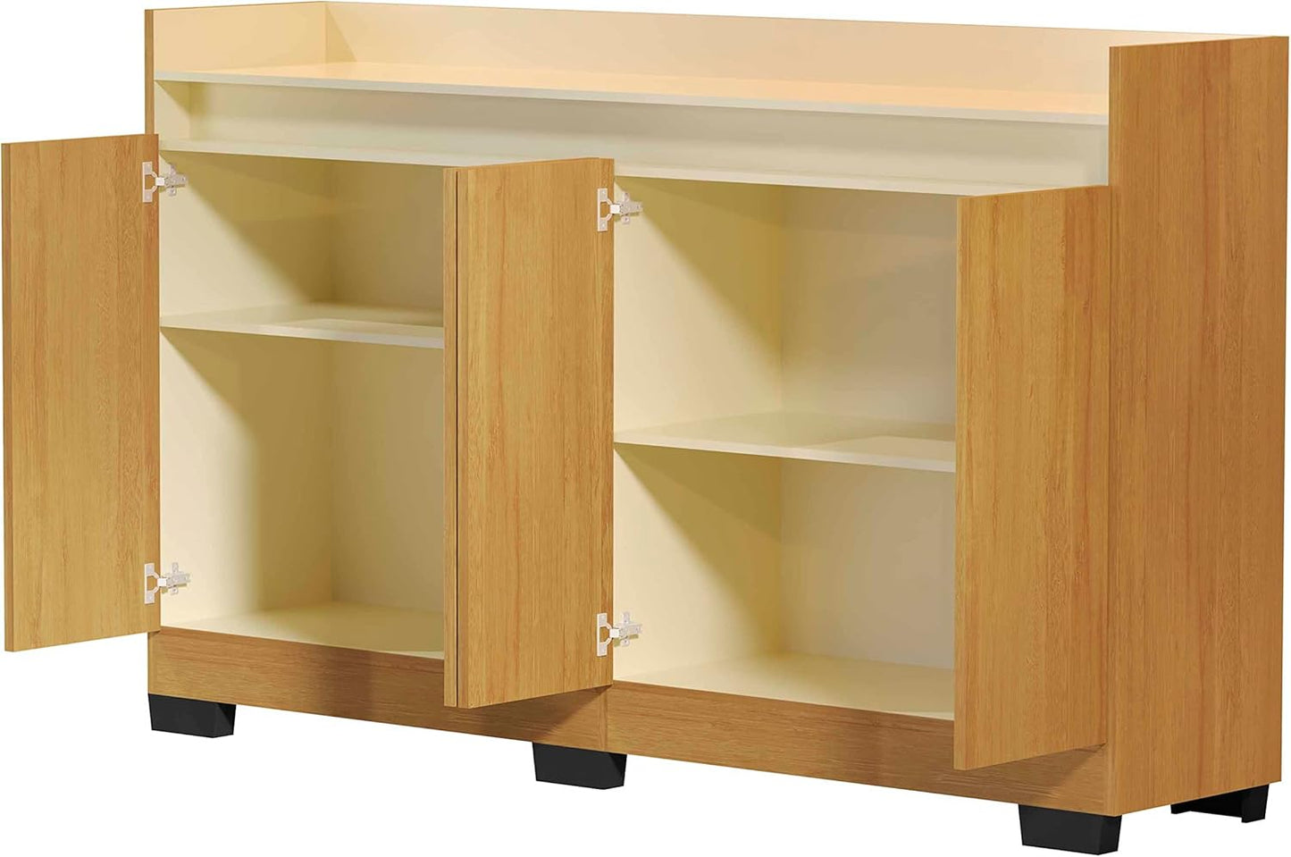Quality Móveis Ryzen Model Retro Buffet Sideboard Rack, 4 Doors for Office, Coffee Corner, Off-White/Nature Color