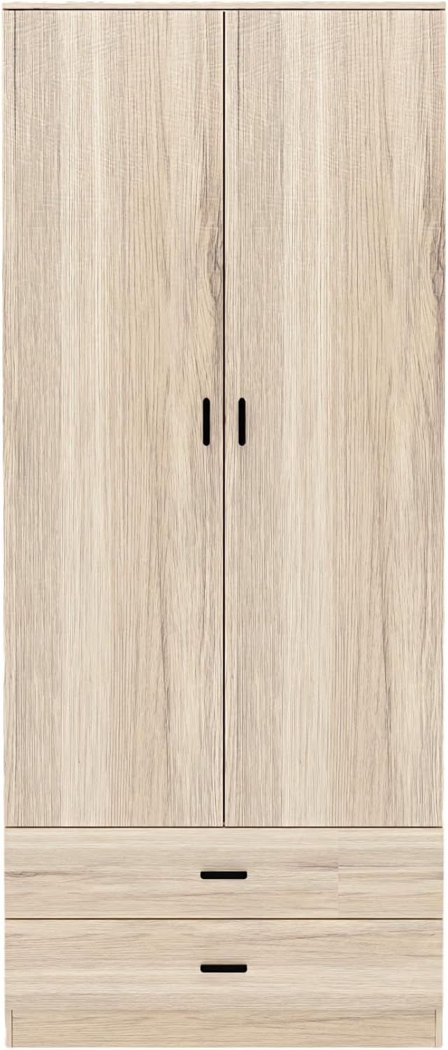 URBNLIVING Tall Wooden 2 Door Oak Wardrobe With 2 Drawers Bedroom Storage Hanging Bar Clothes (Oak Carcass + Oak Drawers)