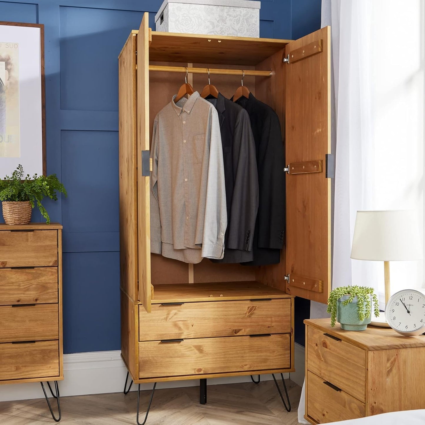 FurniFlex Industrial Solid Wood Hanging Rail Wardrobe with 2 Door and 2 Drawer