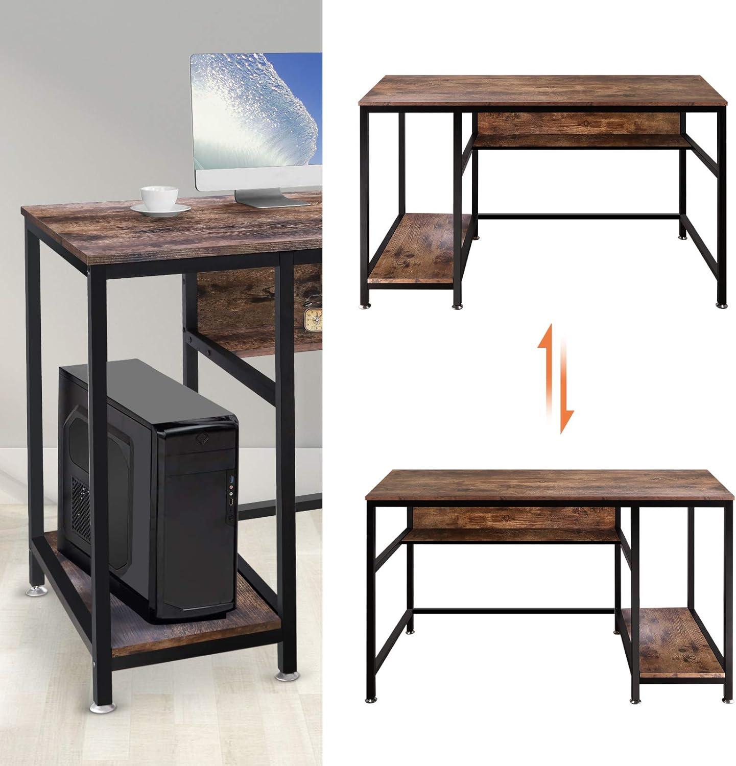 AUTOXEL Computer Desk, 47 inch Home Office Gaming Desk Study Writing Workstation Wooden Board Metal Frame Laptop Table with Storage Shelf