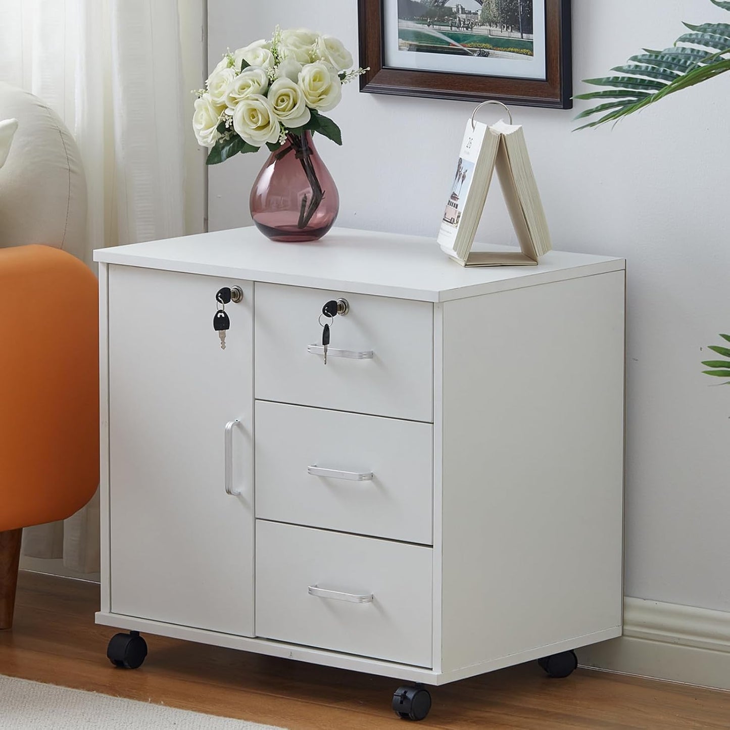 CLIPOP Rolling Container Lockable with Drawer and Closed Storage, Mobile Filing Cabinet Wood Under Desk Cabinet, 40 x 40 x 54.5 cm, Black