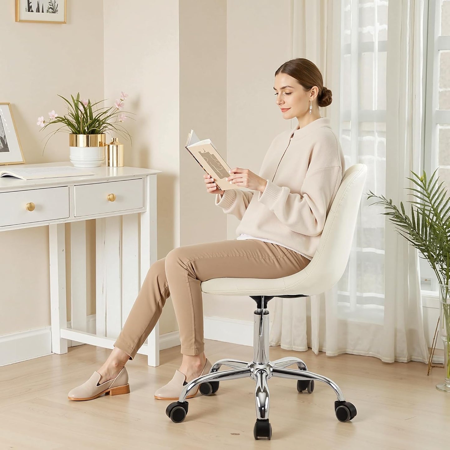VECELO Armless Home Office Desk Chair, Height Adjustable, PU Leather 360 Degree Swivel with Wheels, Stylish Casual Vanity Seat for Study, Work, Makeup, Leisure, Weight up to 330 Lbs, White