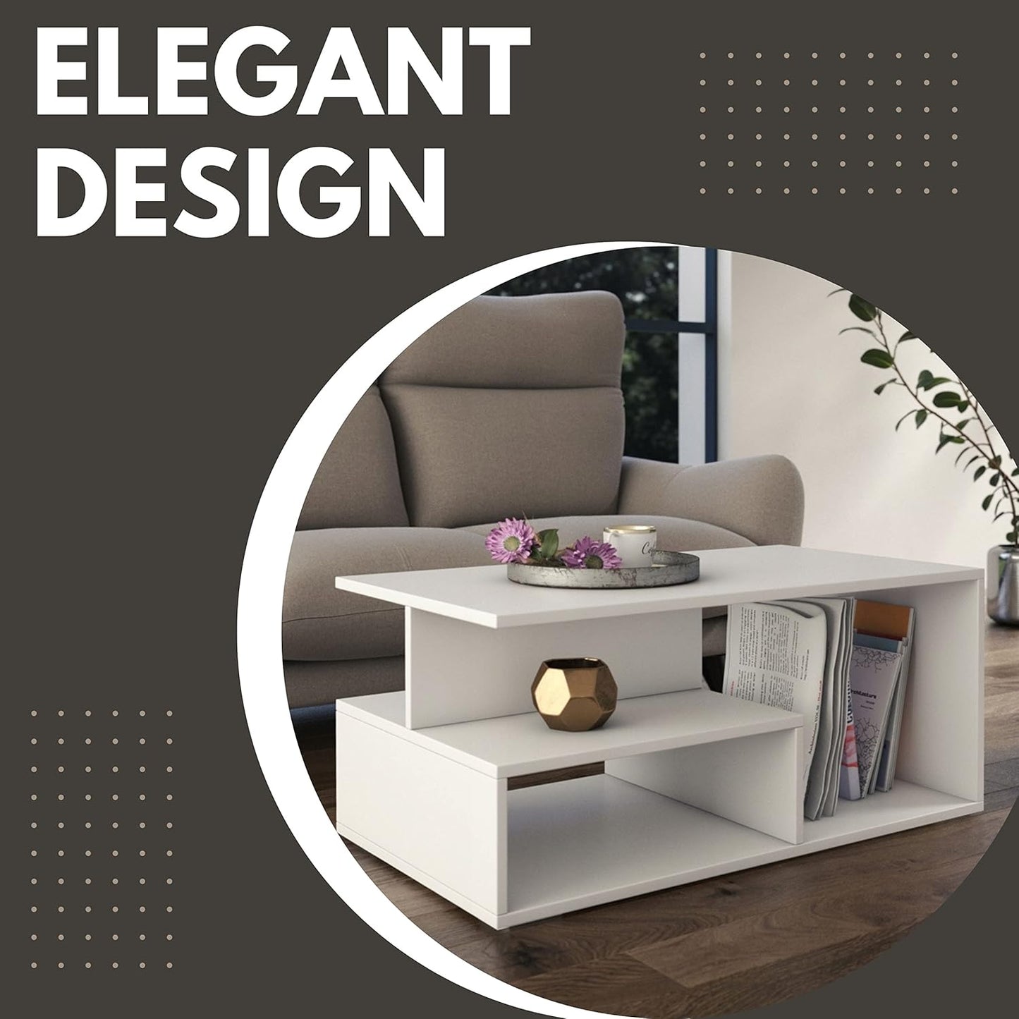 Wooden White Coffee Tables For Living Room, Elegant Coffee Table White, Elegant Coffee Table With Storage, Minimalist Design Living Room Table, Multi-Tier Modern Coffee Tables White Gloss Coffee Table