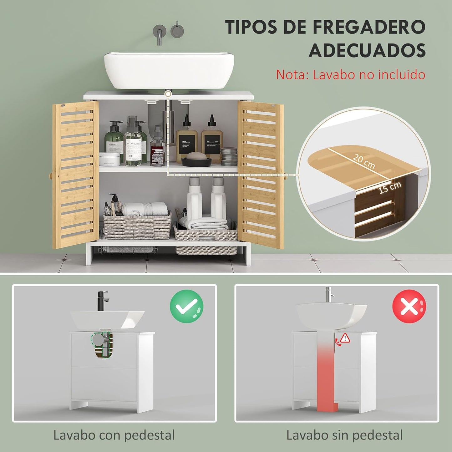 HOMCOM Modern Under Sink Cabinet with Magnetic Bamboo Doors and Adjustable Shelf 60 x 30 x 60 cm White and Natural