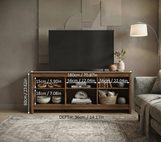 MADESA TV Stand with 6 Shelves and Cable Management, for TVs up to 75 Inches, Wood TV Bench, 23” H x 14" D x 71” L – Rusti