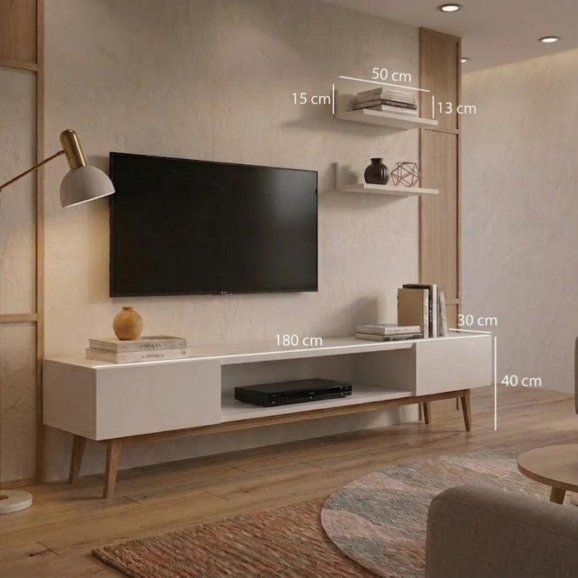 Modern White TV Stand with Open Shelf & Side Storage Cabinets – Scandinavian Entertainment Center