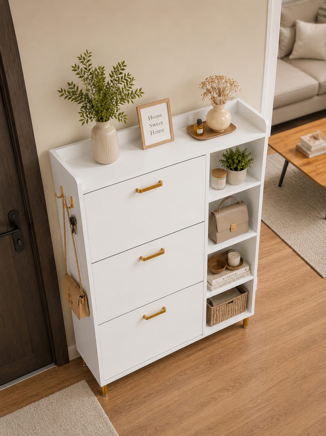 Tribesigns Flip Drawers Shoe Cabinet, Shoes Storage Cabinet with 3 Flip Drawer and 5 Shelves, Modern White Golden Shoes Storage Organizer Cabinet for Closet, Living Room, Bedroom