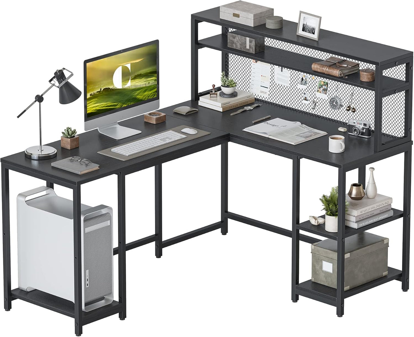 CubiCubi L Shaped Computer Desk with Hutch & Iron Mesh, 59 inch Large Home Office Desk with Storage Shelves, Study Table Writing Desk Workstation, Black