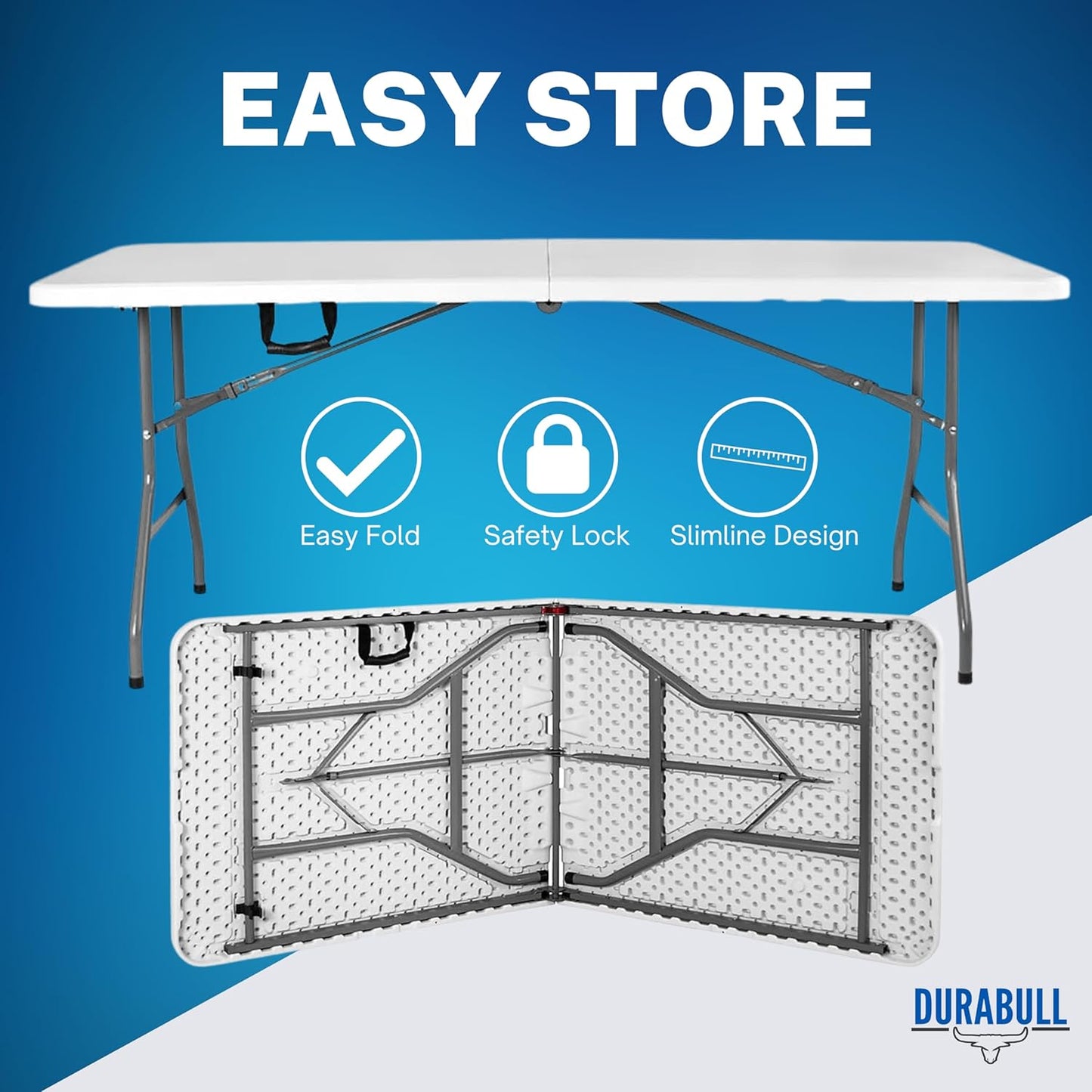 Durabull 6ft Plastic Folding Trestle Table - Heavy Duty -Indoor & Outdoor Solution for All Occasions - 150kg Capacity- Easy Setup, Folds in Half for Compact Storage, Portable with Carry Handle