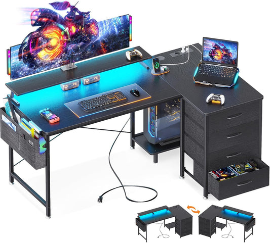 ODK Corner Desk with 4 Fabric Drawers, Reversible Desk L Shape with 2 Sockets and 2 USB Charging Ports, Gaming Table L Shape with LED & Monitor Stand for Home Office (Black, 140 x 80 x 85.9 cm)