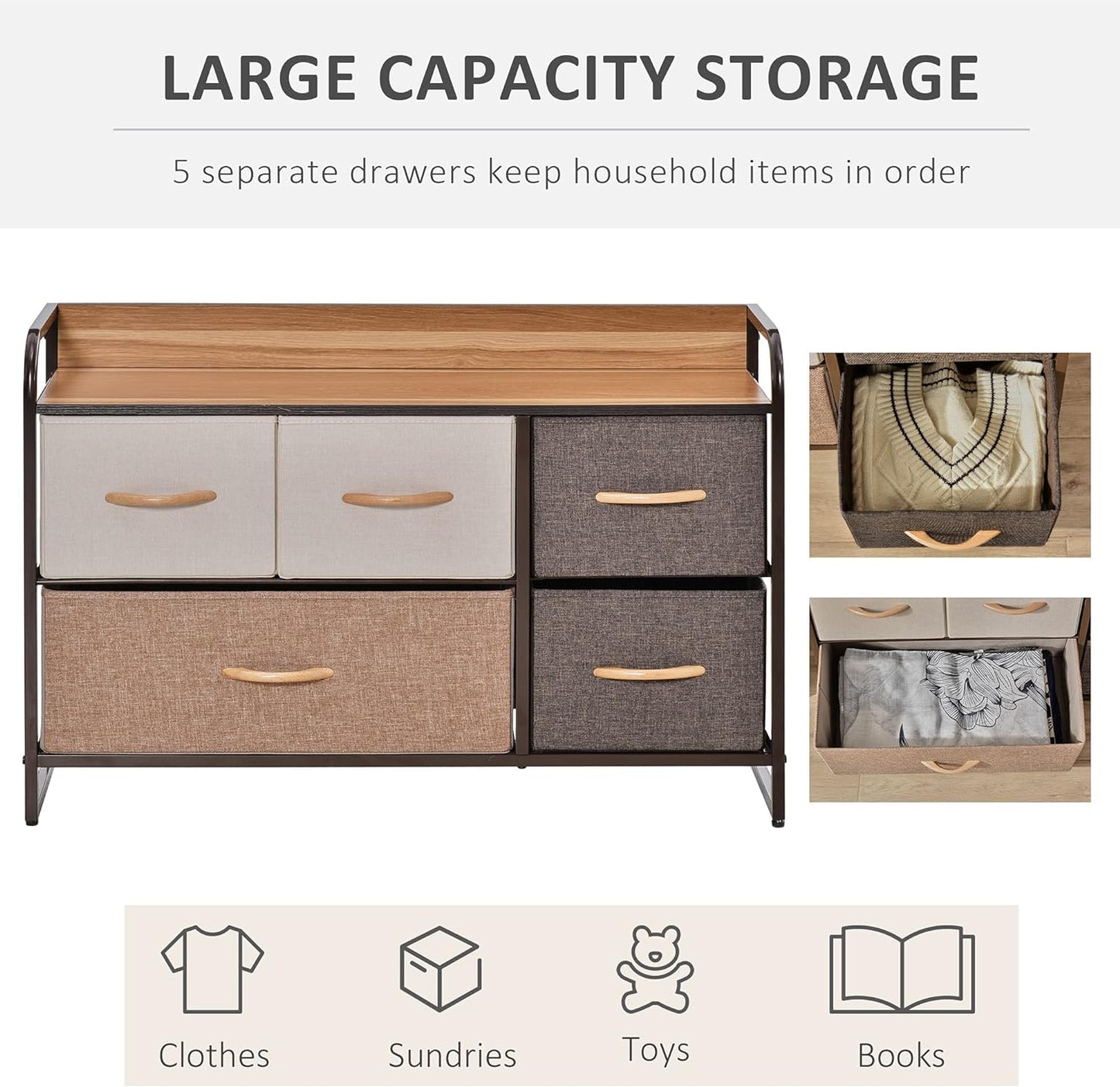 HOMCOM 5-Drawer Dresser, Linen Fabric Chest of Drawers, Dresser Tower Unit for Bedroom Hallway Entryway, Storage Organizer with Steel Frame Wooden Top