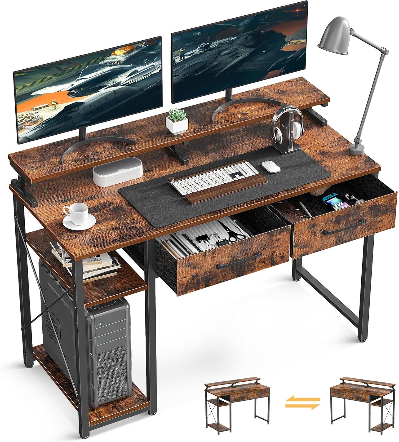 ODK Computer Desk 40" Table: Office Desk with Drawers & Wood Storage Shelves, Home Work Writing Desk & Large Space Monitor Stand, Rustic Brown