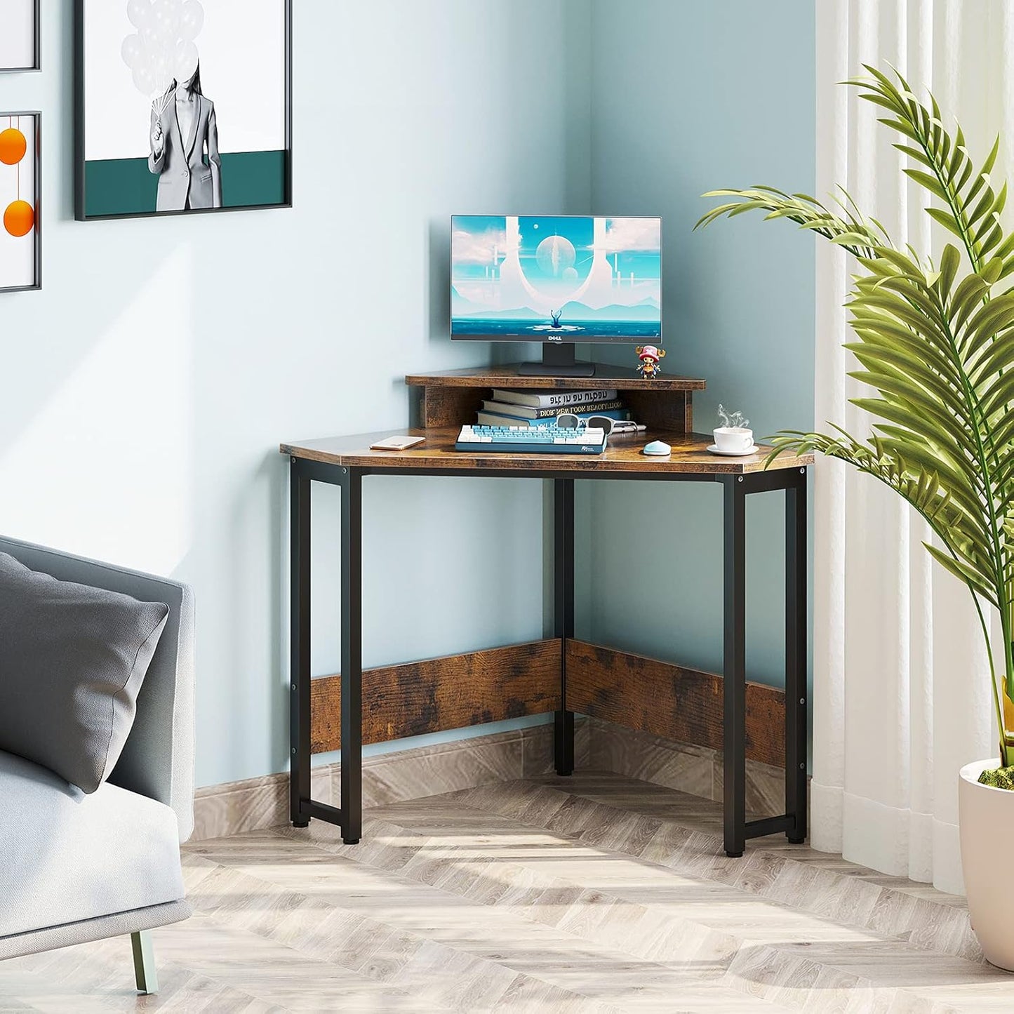 ODK Corner Desk Space Saving Small Desk with Sturdy Steel Frame, Computer Desk with Monitor Stand for Small Space, Easy Assembly Triangle Vanity Desk with Durable Wooden Desktop, Vintage