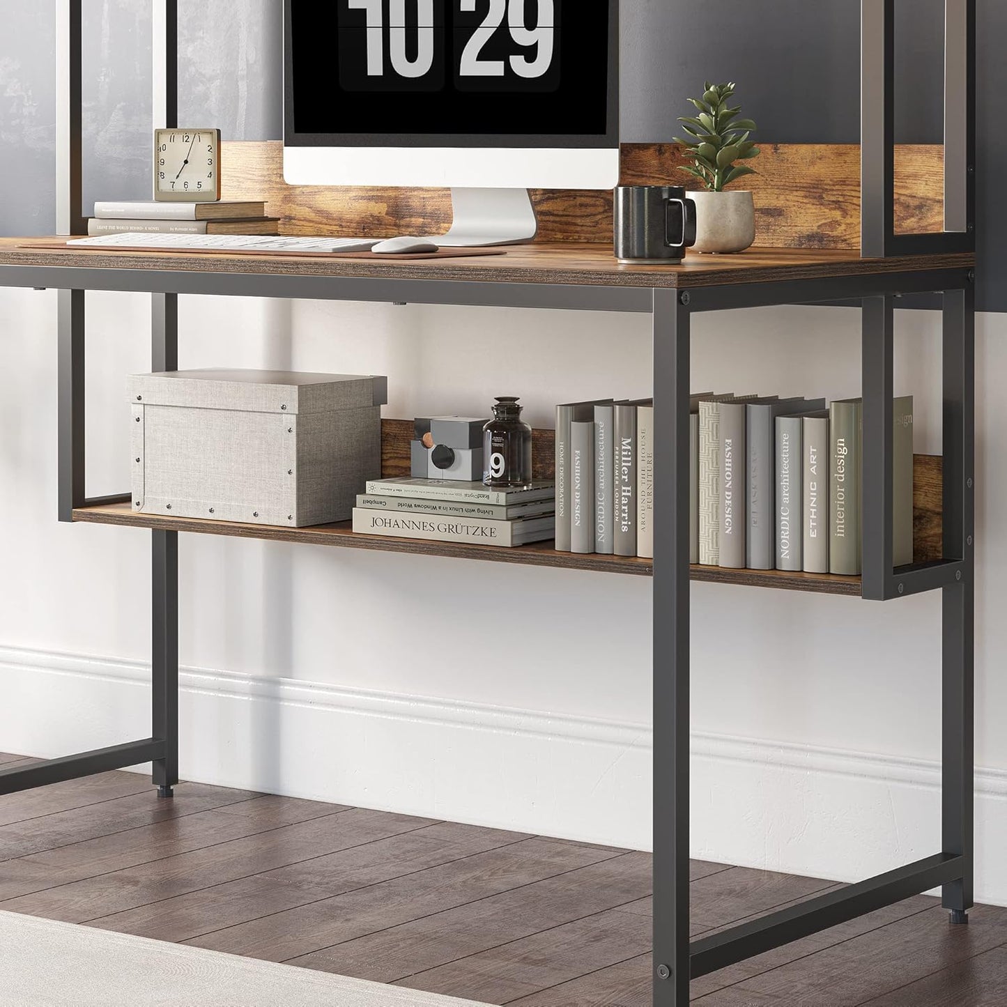 CubiCubi Computer Desk with Hutch and Storage Shelves, 47 Inch Home Office Desks with Bookshelf, Modern Office Writing Desk, Brown