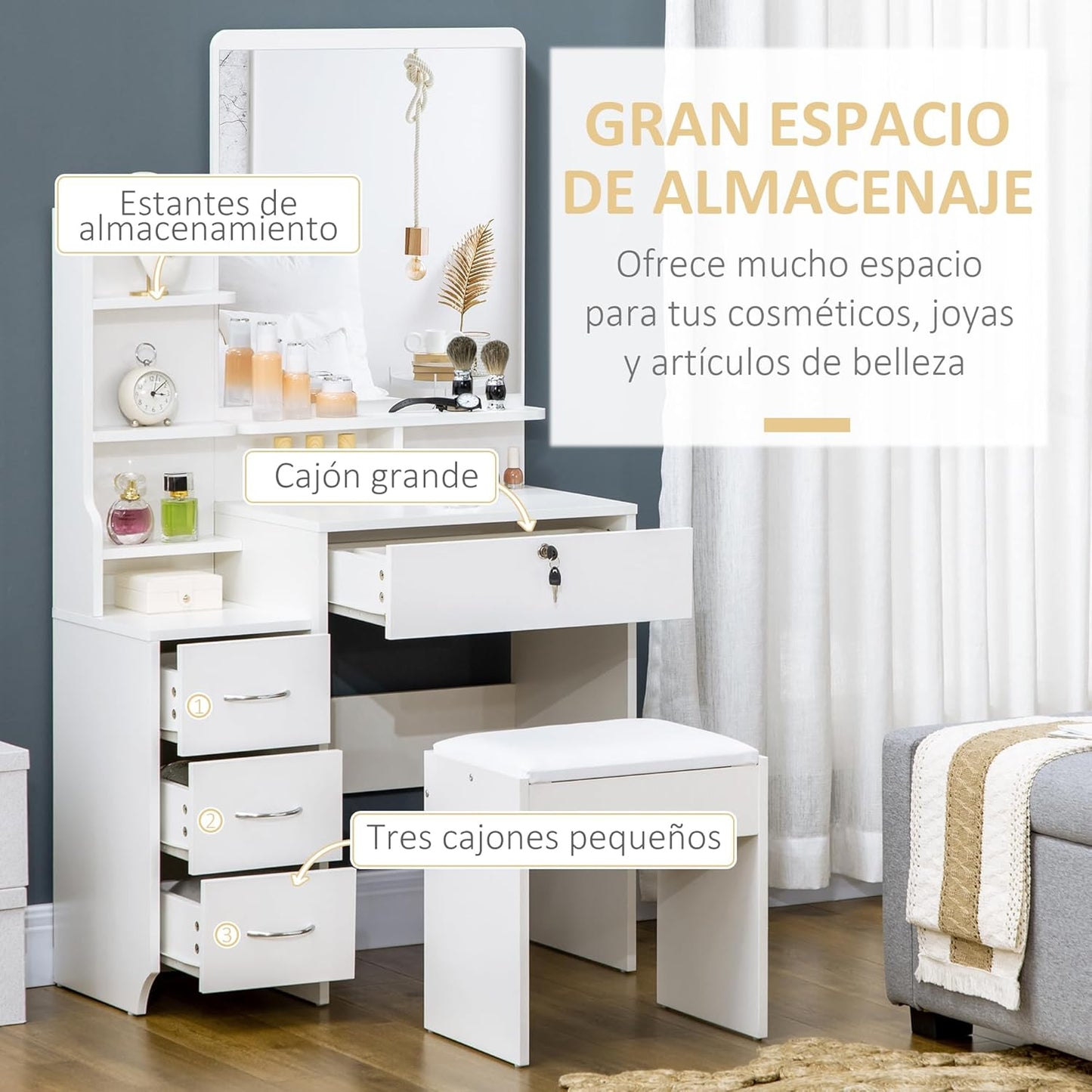 HOMCOM Makeup Vanity with Stool and Mirror Makeup Table with 4 Drawers 4 Storage Compartments Modern Style 80 x 38 x 143 cm White