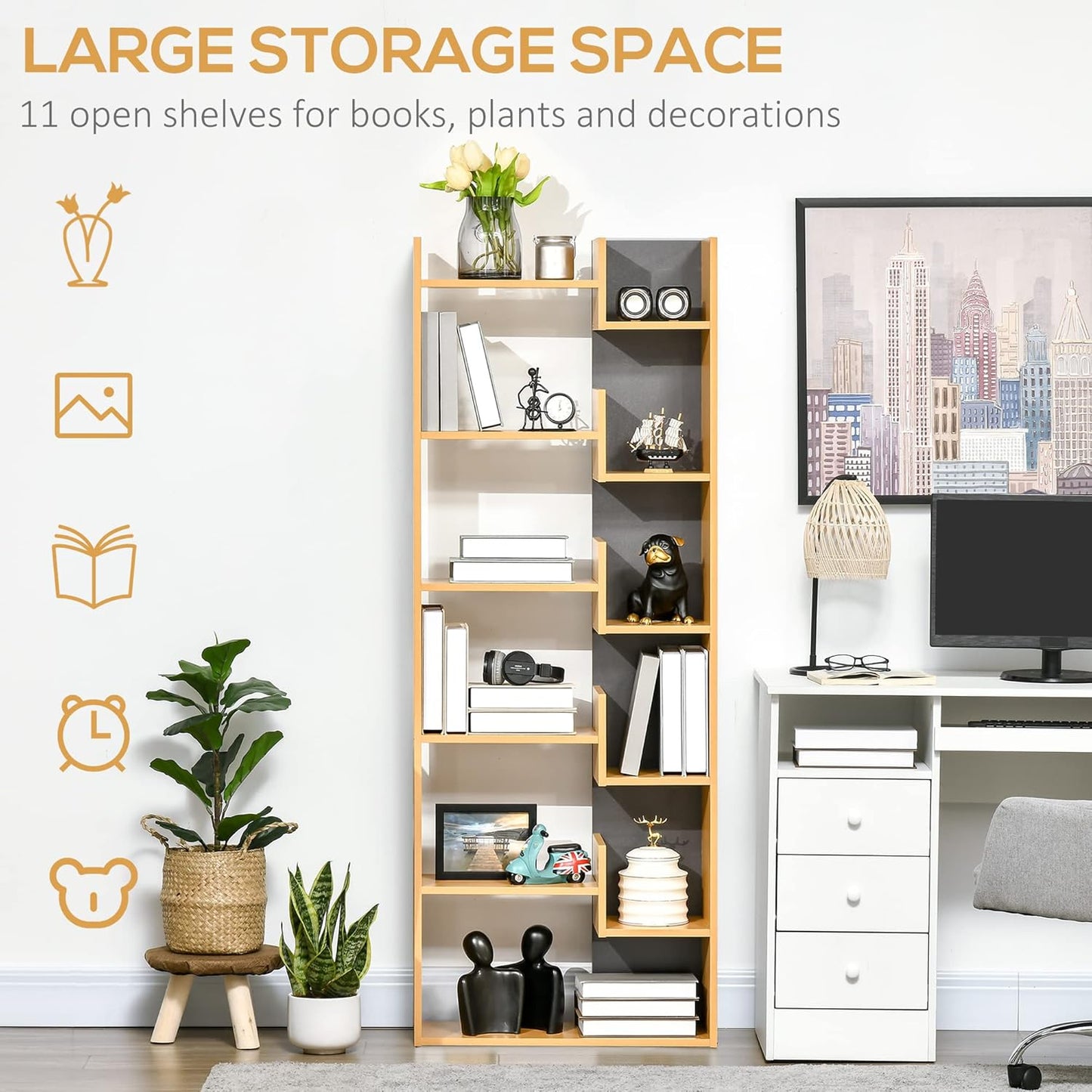 HOMCOM 6-Tier Bookshelf, Modern Bookcase with 11 Open Shelves, Freestanding Decorative Storage Shelving for Home Office and Study, Natural
