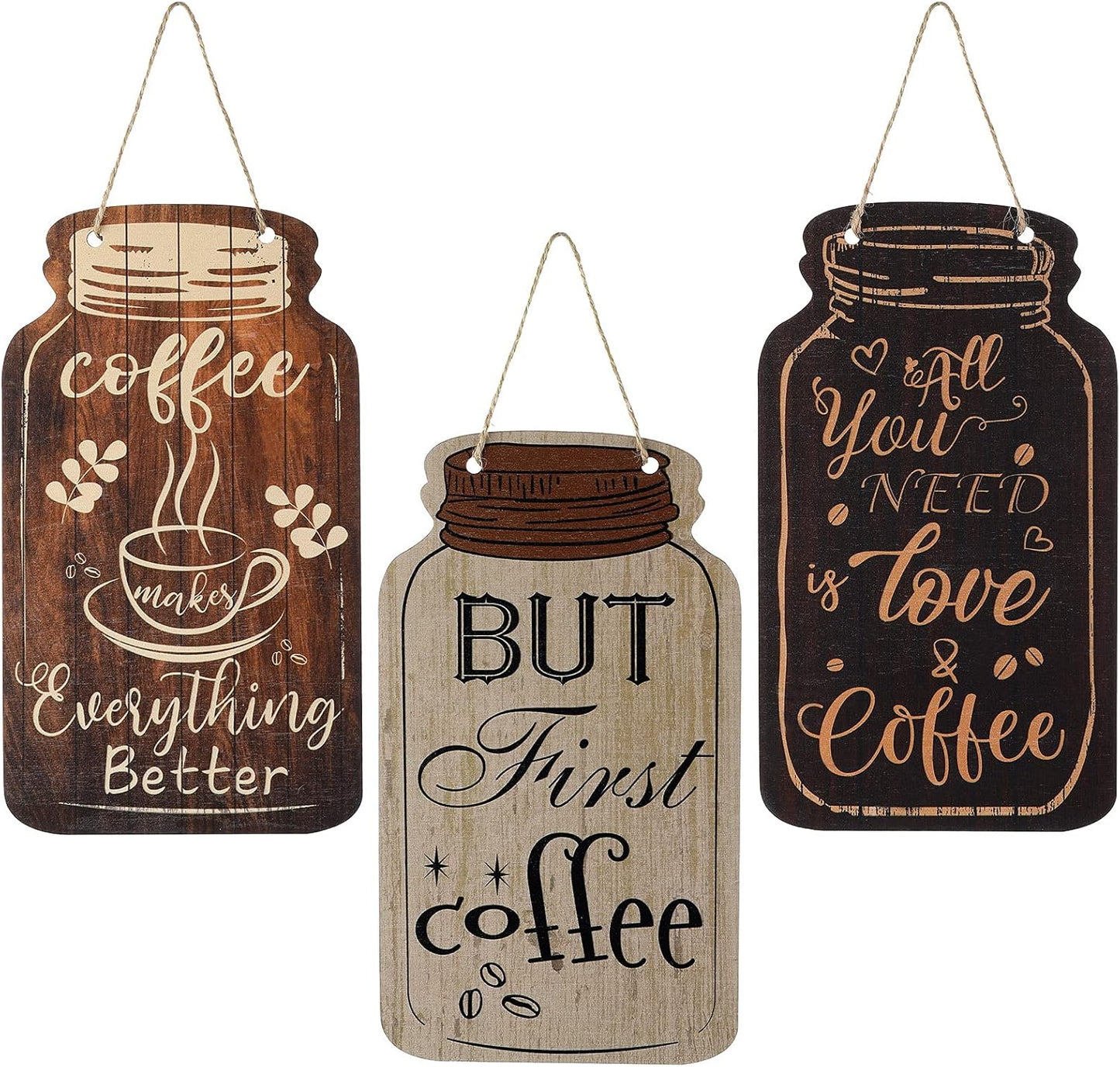 Jetec Wood Coffee Sign Mason Jar Wall Hanging Plaque - Farmhouse Coffee Bar Decor for Kitchen, Office, Home Wall and Table (Classic Style)