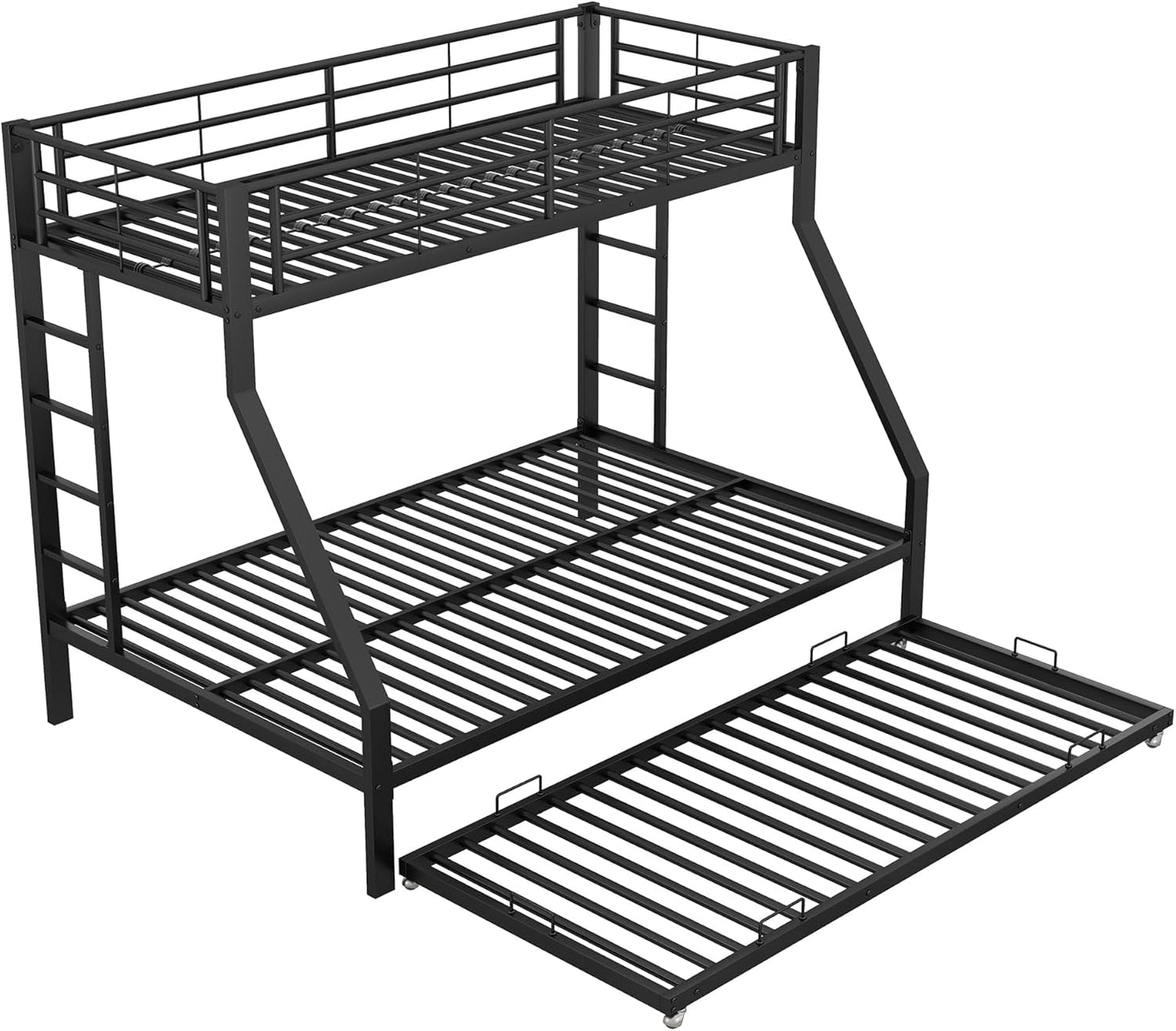 KUAKE Bunk Bed, Metal Bed with Pull-Out Bed, with Ladder on Both Sides for Children, Teenagers, Adults, 90 (140) x 200 cm, (Black)