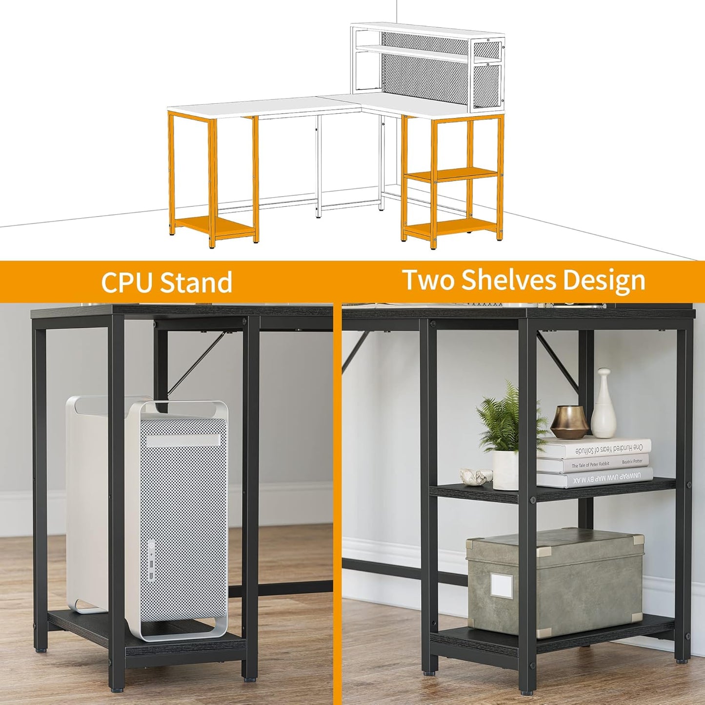 CubiCubi L Shaped Computer Desk with Hutch & Iron Mesh, 59 inch Large Home Office Desk with Storage Shelves, Study Table Writing Desk Workstation, Black