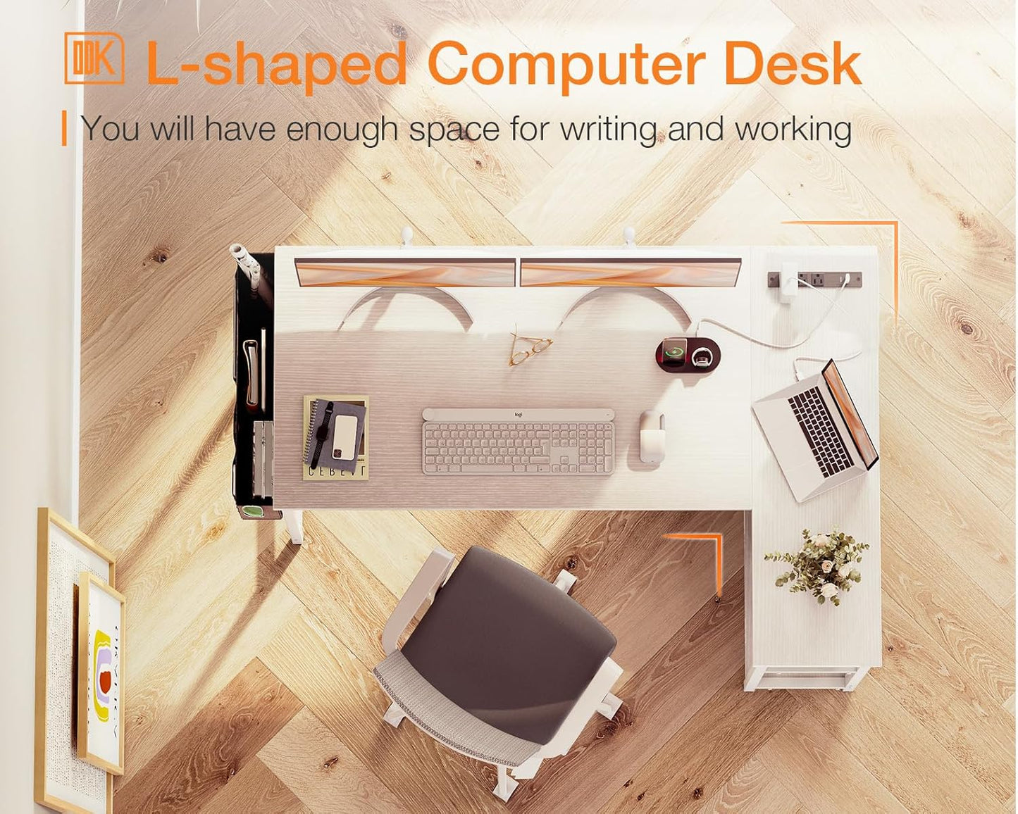 ODK 48 Inch Small L Shaped Gaming Computer Desk with Power Outlets, Reversible Storage Shelves & PC Stand for Home Office, Simple Writing Study Table with Storage Bag for Small Space, White