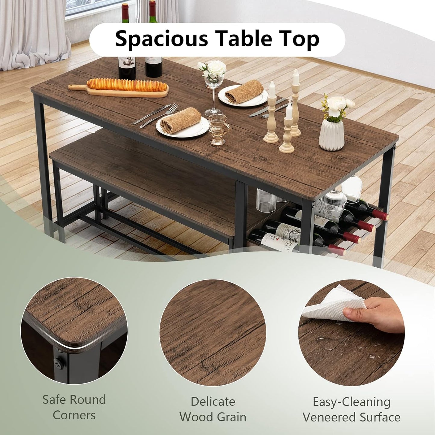 TANGZON Dining Table and 2 Bench Set, 3 Pieces Kitchen Dining Table Set with Wine Rack, Glass Holder & Storage Shelf, Space-Saving Breakfast Dining Furniture for Home Living Room Restaurant (Wooden)