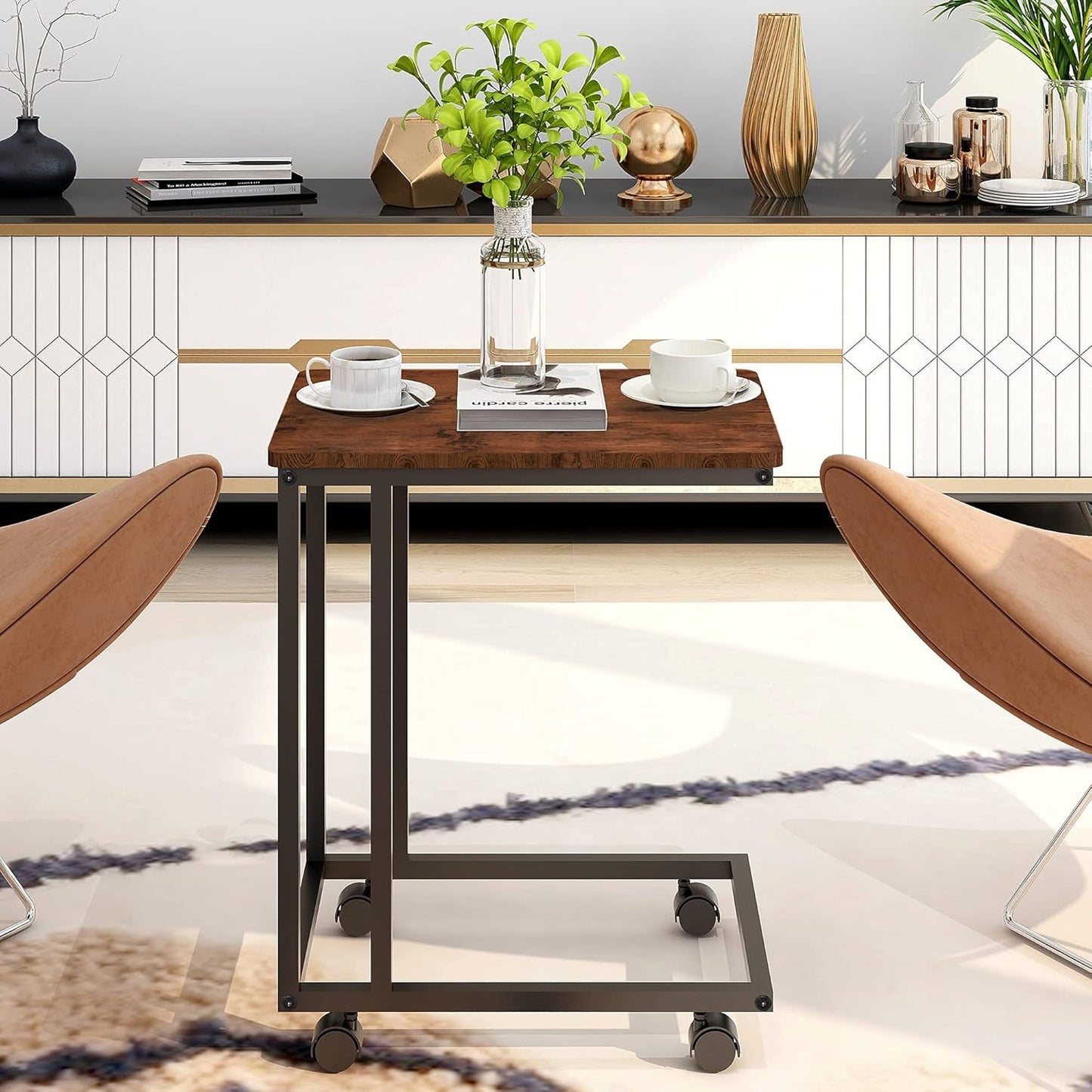 HAHRIR Coffee Table,Sofa Side Table with Wheels,C Shaped Snack Table Wood Finish Metal Construction ?Black+Brown?