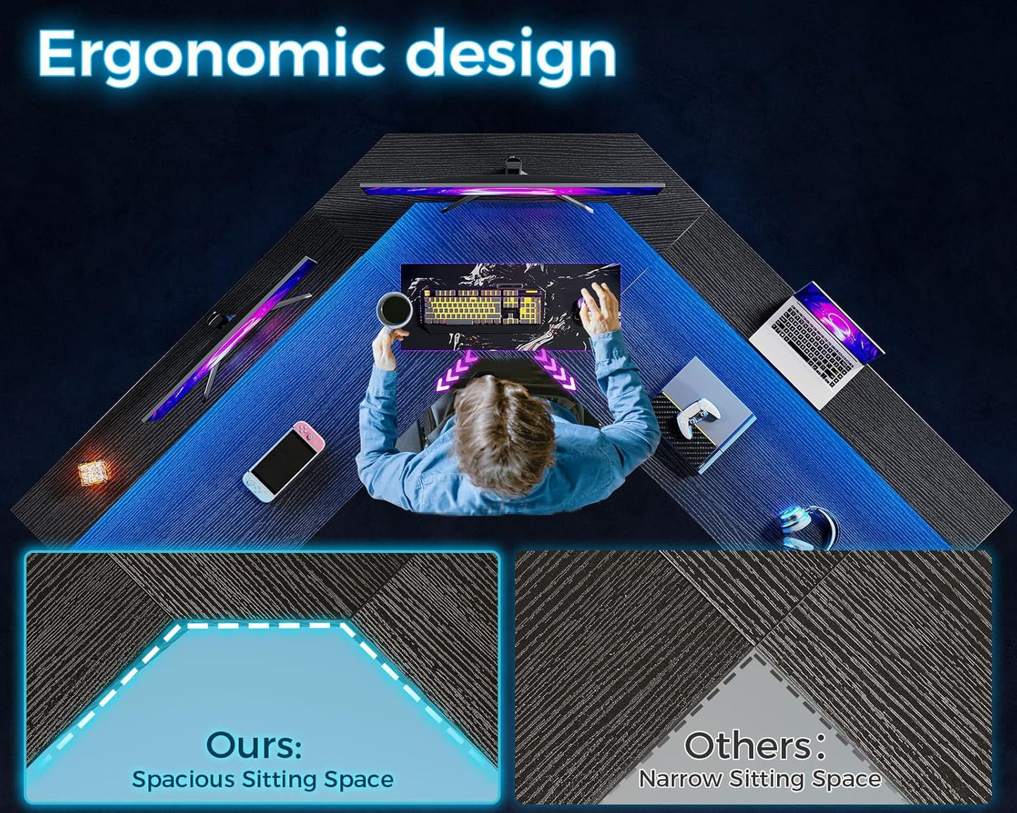 Coleshome L Shaped Gaming Desk with LED Lights & Power Outlets, Reversible 56" Computer Desk with Full Monitor Stand & Storage Shelves, Ergonomic Home Office Corner Desk, Black