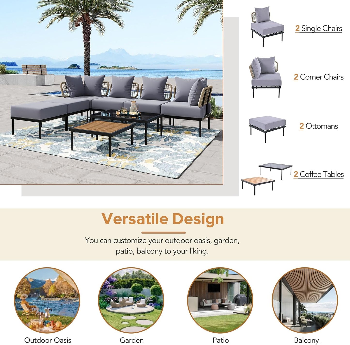 Ampela 8-Piece Patio Sectional Sofa Tempered Wooden & Glass 2 Coffee Table/2 Single Chairs/2 Ottomans/2 Corner Chairs,All-Weather Conversation Set for Outdoor Oasis,Garden,Patio,Poolside,Light Grey