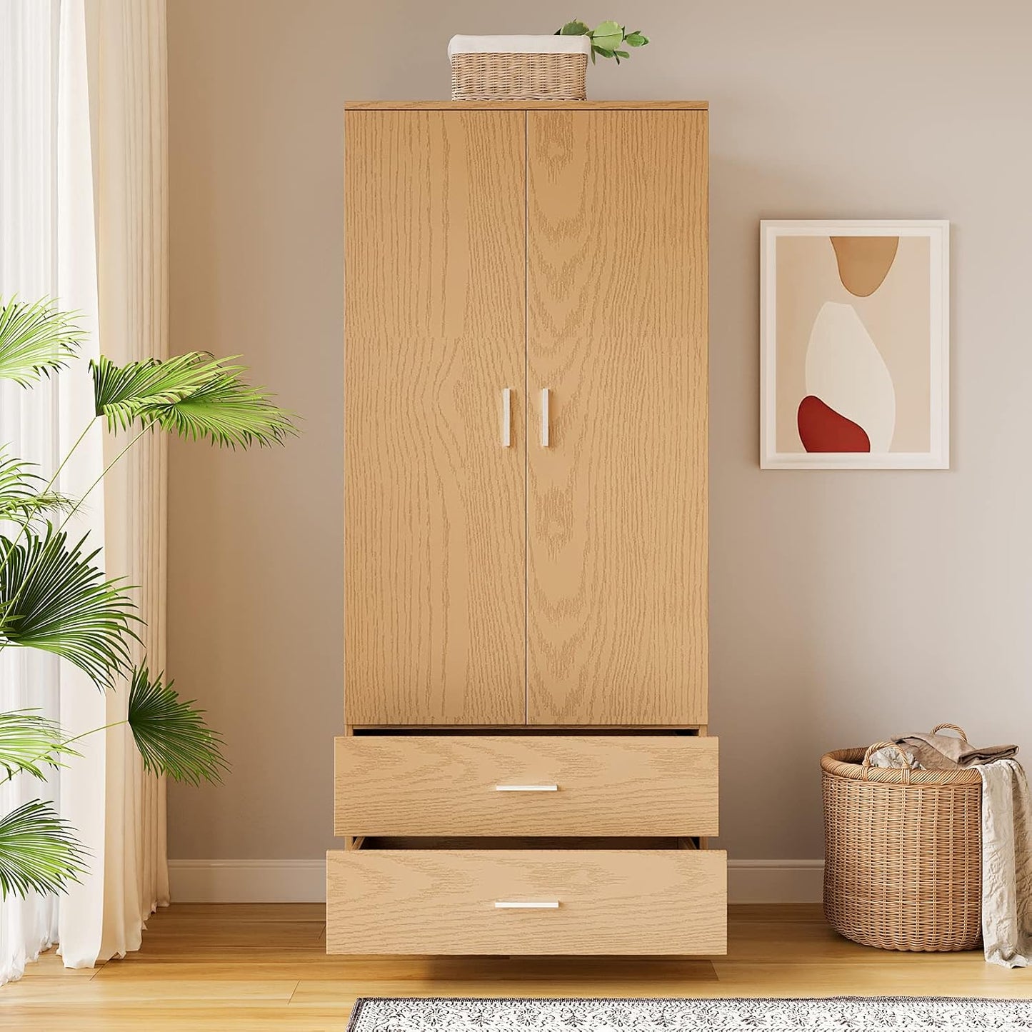 Panana 2 Door 2 Drawer Wardrobe with Hanging Rail Wooden Clothes Storage Cupboards Unit for Bedroom Furniture 76.8 * 50 * 180cm (New Oak Effect)