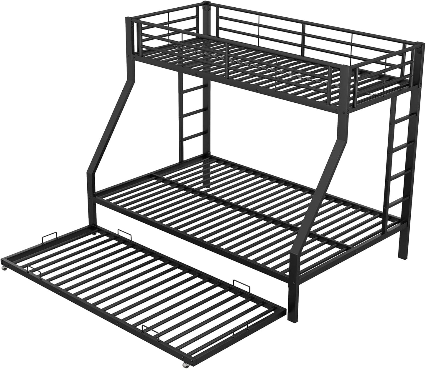 KUAKE Bunk Bed, Metal Bed with Pull-Out Bed, with Ladder on Both Sides for Children, Teenagers, Adults, 90 (140) x 200 cm, (Black)