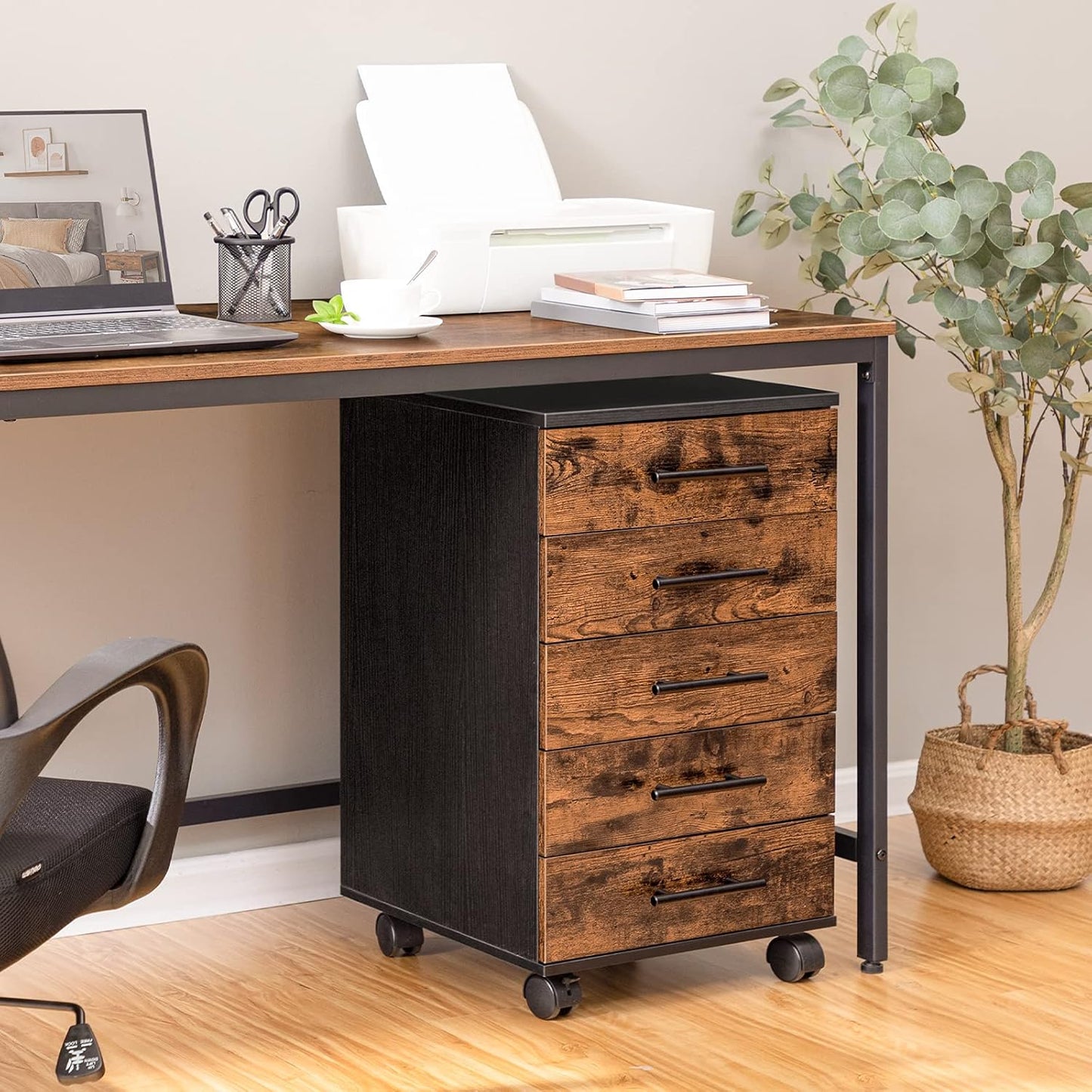 HOOBRO 5-Drawer Chest, File Cabinet, Office Cabinet, Filing Cabinet with Drawers, Wooden Cabinet with Wheels, Storage Cabinet for Makeup, for Home Office, Study, Easy Assembly, Rustic Brown BF05WJ01
