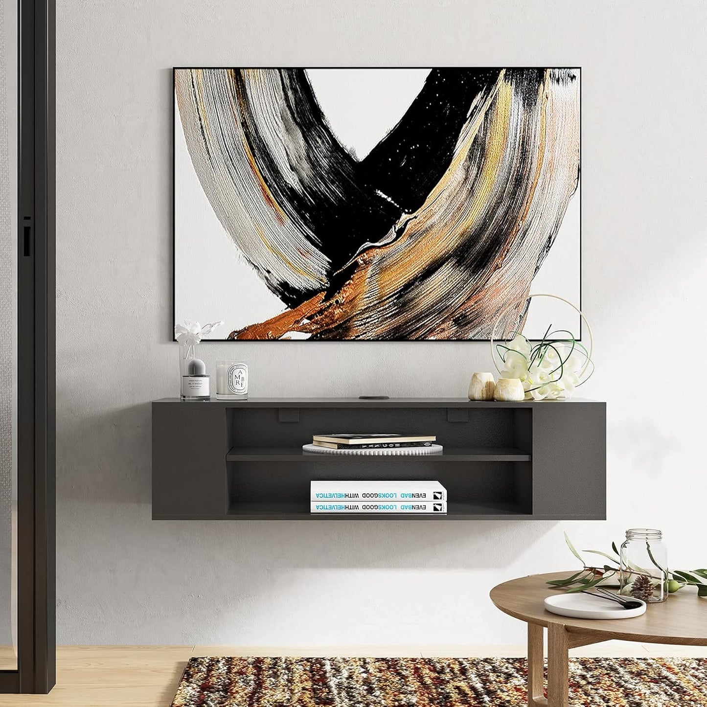 Fitueyes floating tv unit cabinet, wall mounted tv shelf with 4 storages for living room, entertainment center