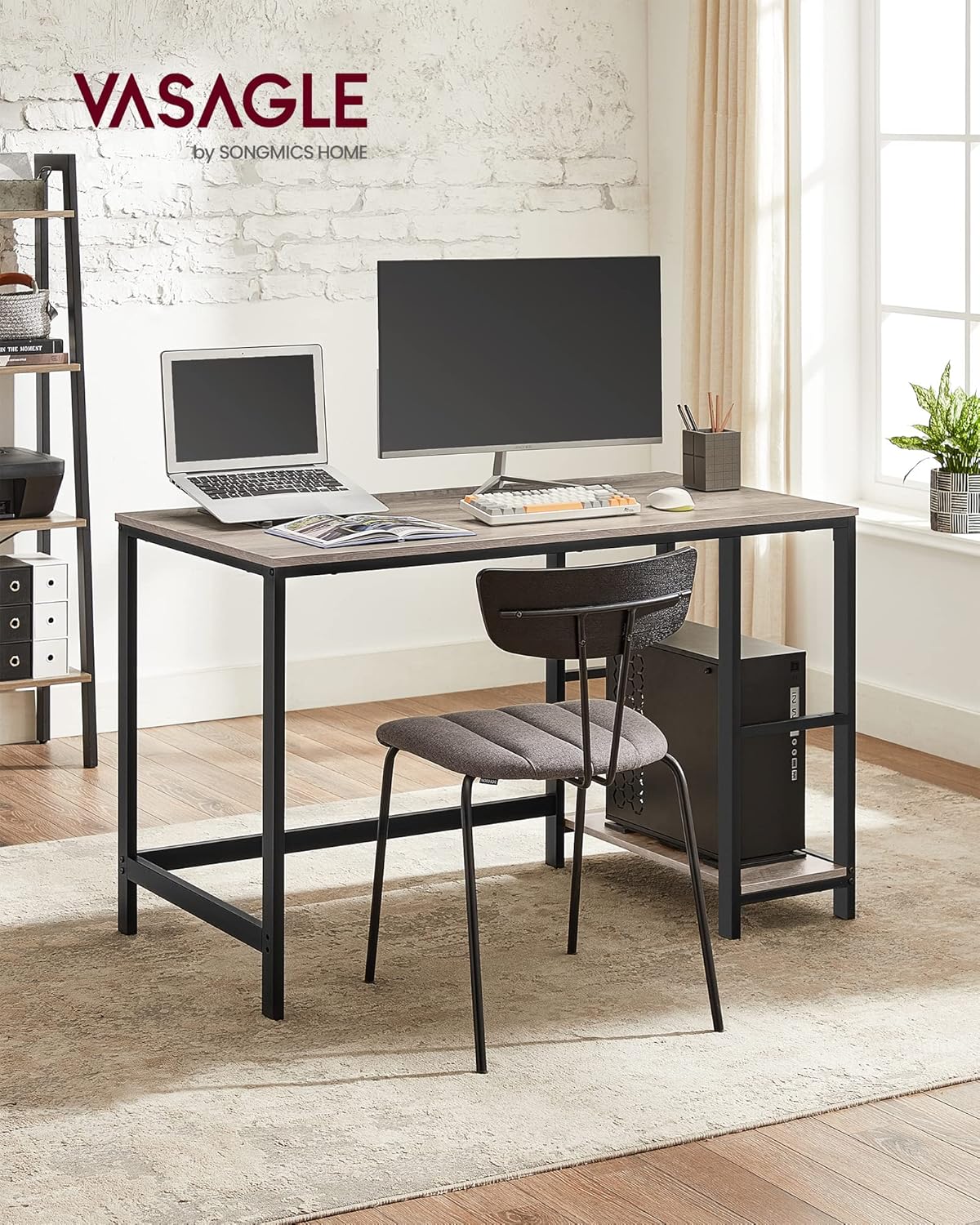 VASAGLE LWD47MB Computer Desk with 2 Shelves on Right or Left Side Office Living Room Steel Frame Industrial Design Black