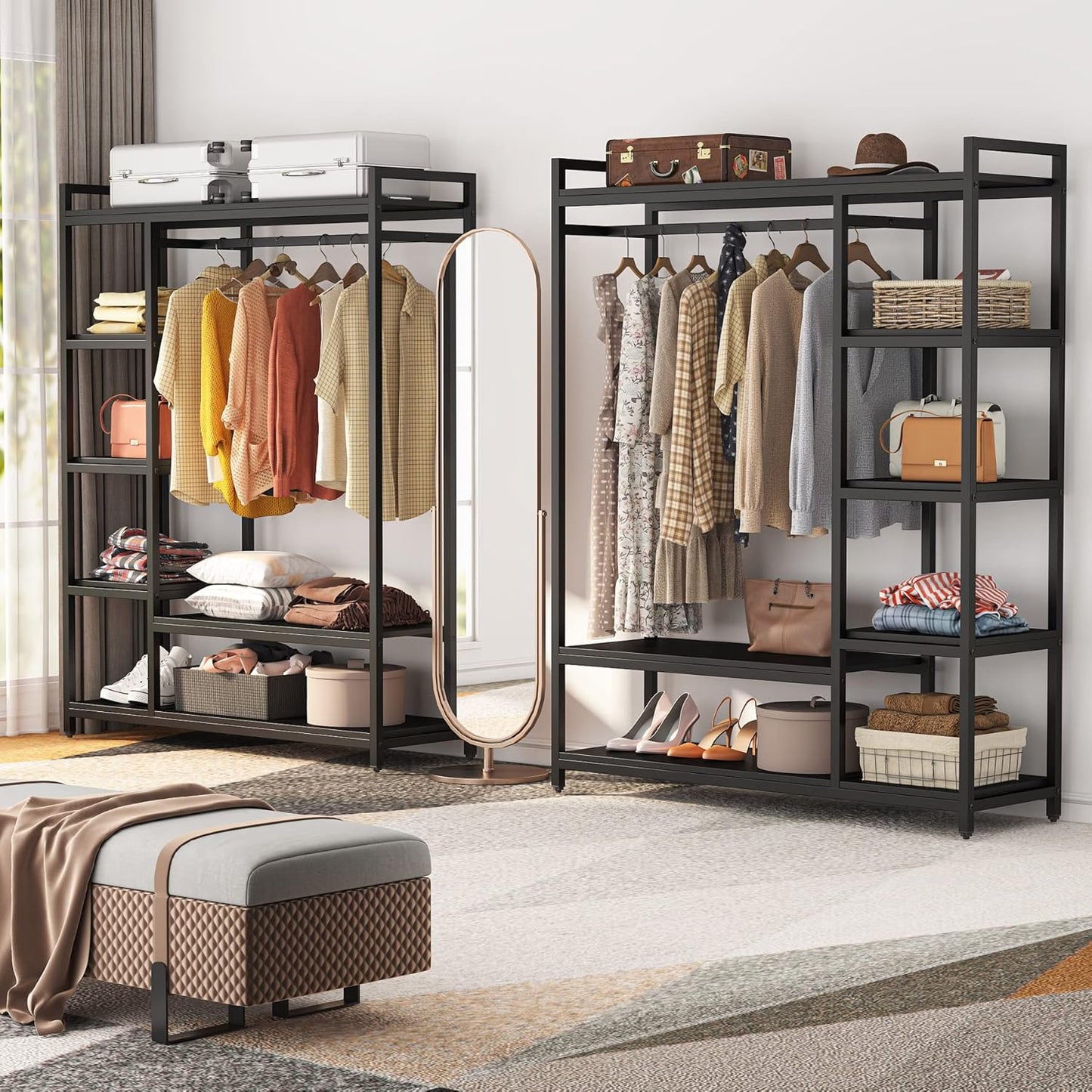LITTLE TREE Free-standing Closet Organizer, Heavy Duty Clothes Closet, Portable Garment Rack with 6-tier Shelves and Hanging rod, Black Metal Frame & White Board (Black&black)