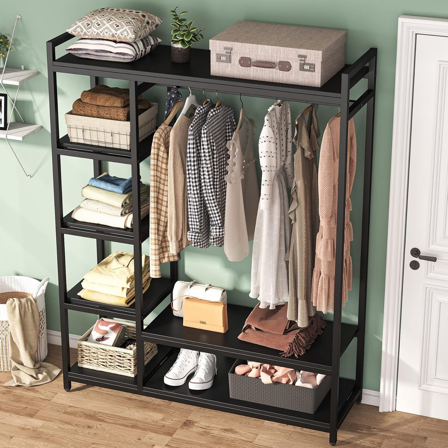 LITTLE TREE Free-standing Closet Organizer, Heavy Duty Clothes Closet, Portable Garment Rack with 6-tier Shelves and Hanging rod, Black Metal Frame & White Board (Black&black)