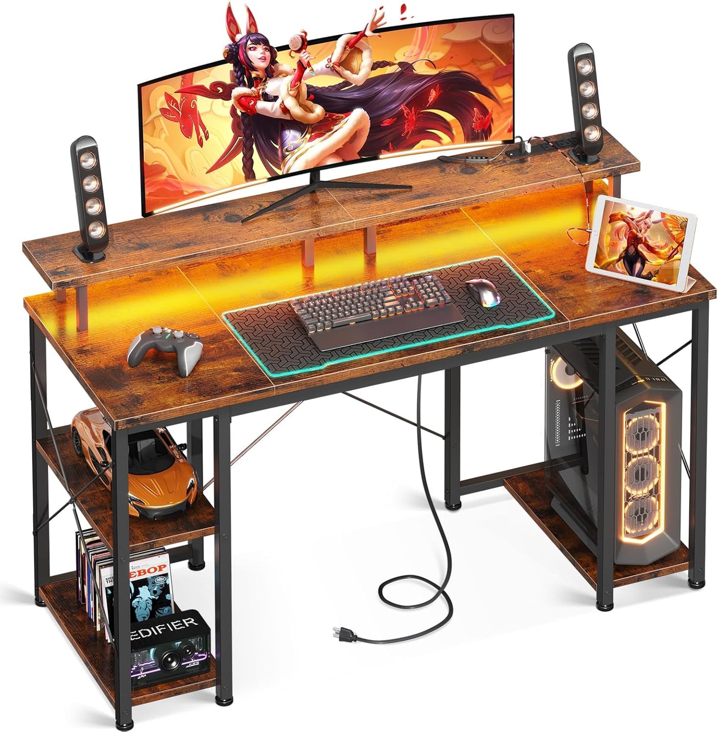 ODK 48 inch Gaming Desk with LED Lights, Computer Desk with Monitor Stand & Storage Sheves, CPU Stand, Home Office Desk, Black
