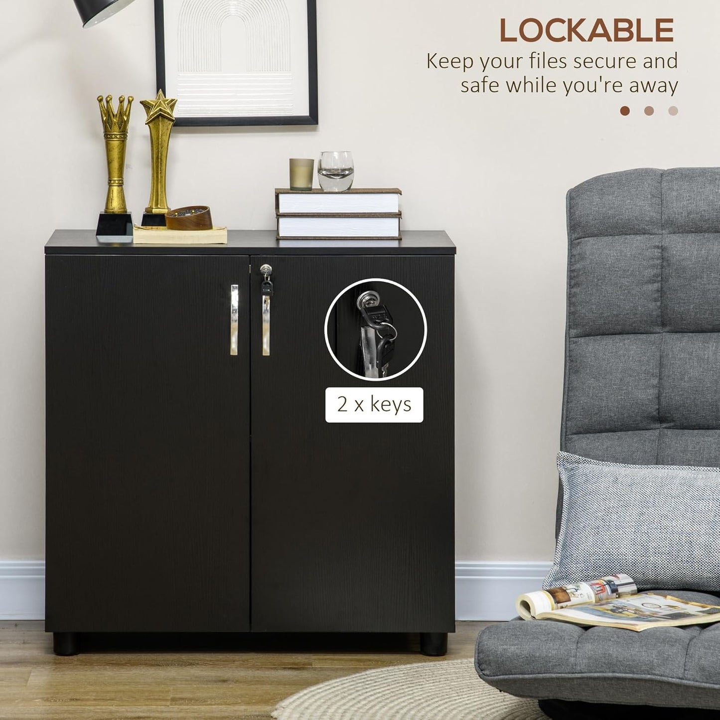 Vinsetto 2-Tier Locking Office Storage Cabinet File Organisation w/Feet Melamine Coating Aluminium Handles 2 Keys Stylish Black