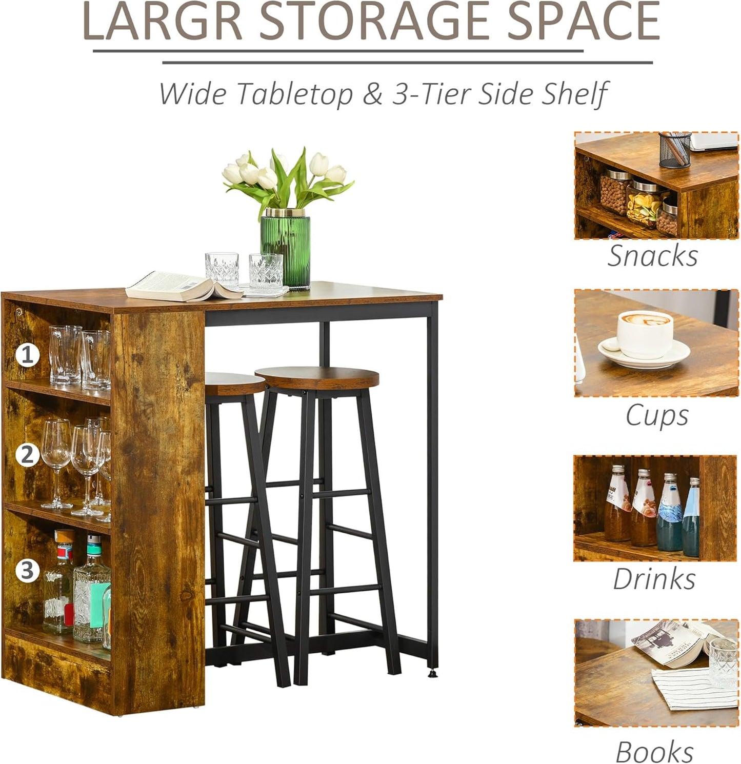 HOMCOM 3 Piece Industrial Style Bar Table Set, Pub Dining Table Set Bar Height Table and 2 Stools with Storage Shelf for Kitchen, Living Room, Coffe Shop, Rustic Brown