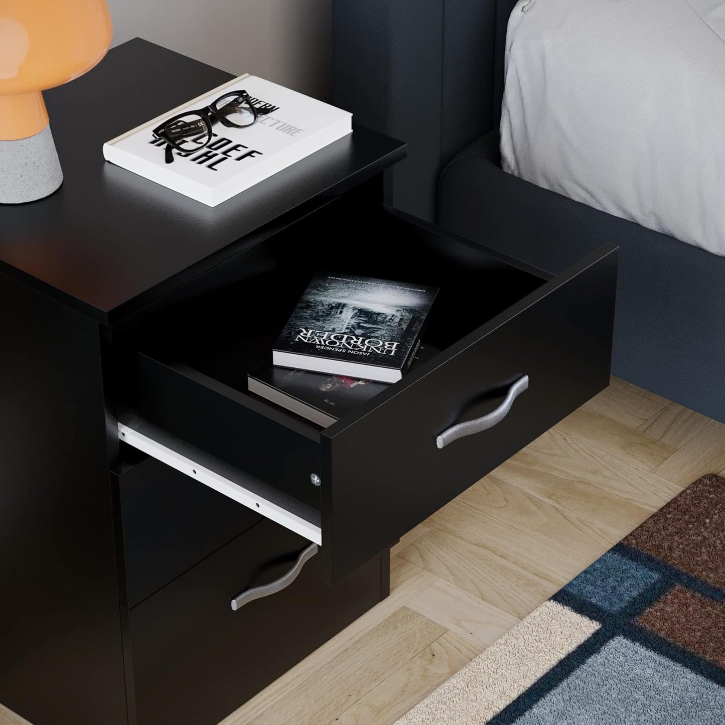 Vida Designs Large Black Bedside Cabinet Chest of Drawers, 3 Drawer With Metal Handles and Runners, Unique Anti-Bowing Drawer Support, Riano Bedroom Furniture