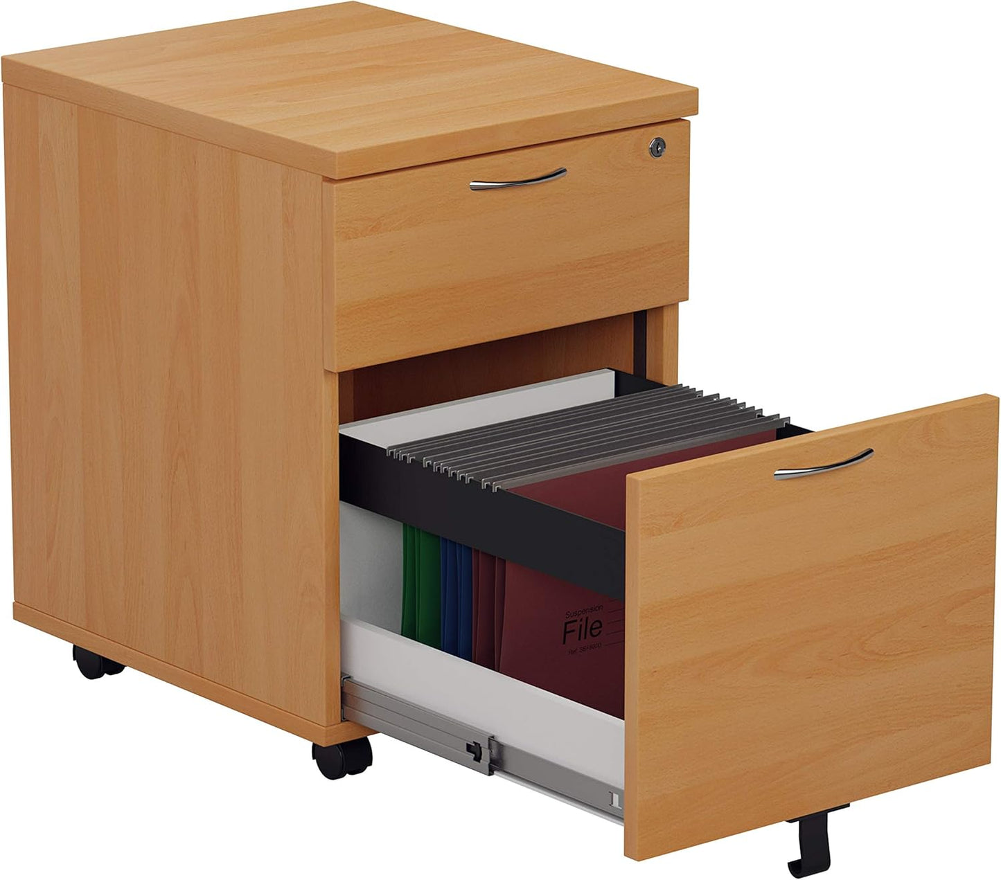 Office Hippo Heavy Duty 2 Drawer Mobile Pedestal Filing Cabinet with Anti-Tilt Mechanism & Lockable Office Storage, 5 Year Warranty - Beech