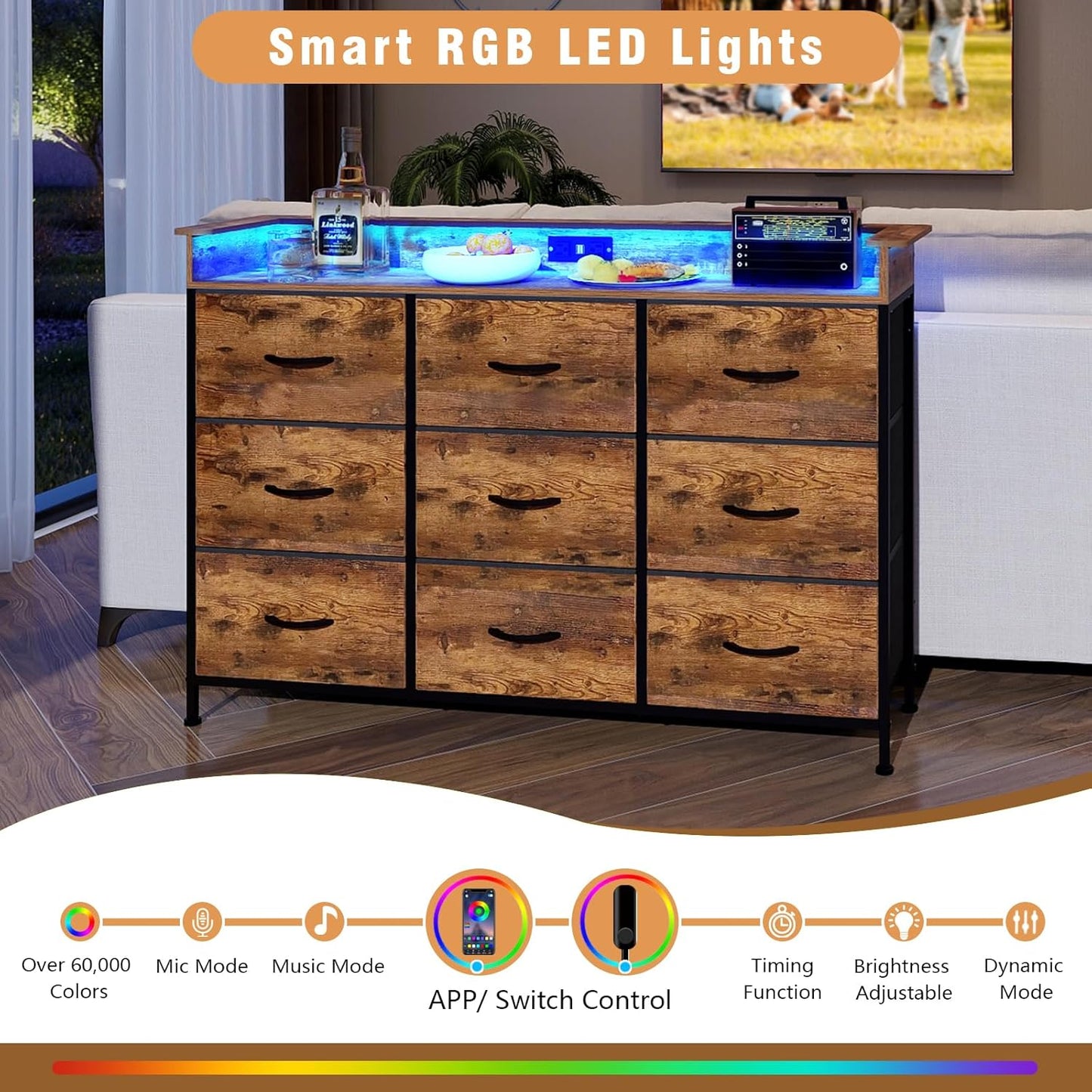 EXOTICA Industrial Dresser for Bedroom with Charging Station and LED Light Fabric Storage Dresser with 9 Fabric Drawers Chest of Drawers for Closet Hallway Sturdy Steel Frame Wooden Top