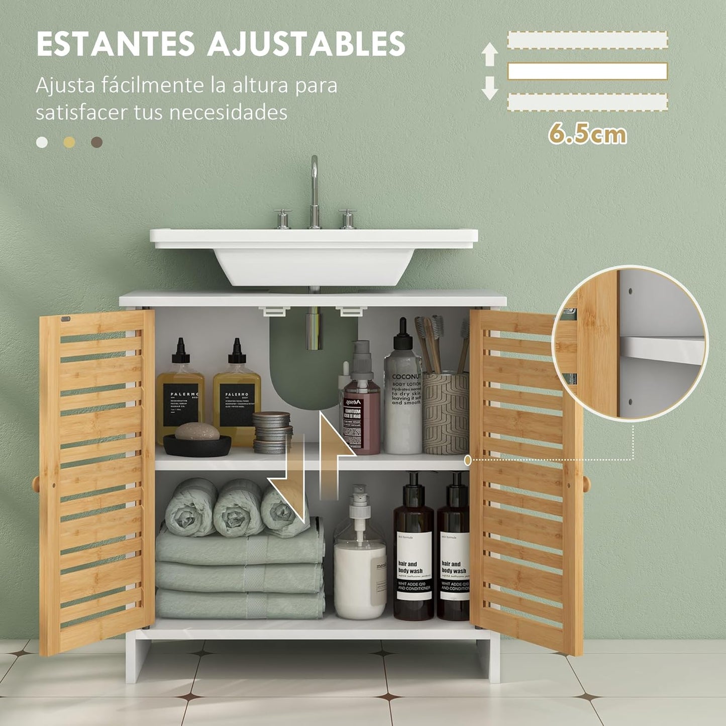 HOMCOM Modern Under Sink Cabinet with Magnetic Bamboo Doors and Adjustable Shelf 60 x 30 x 60 cm White and Natural