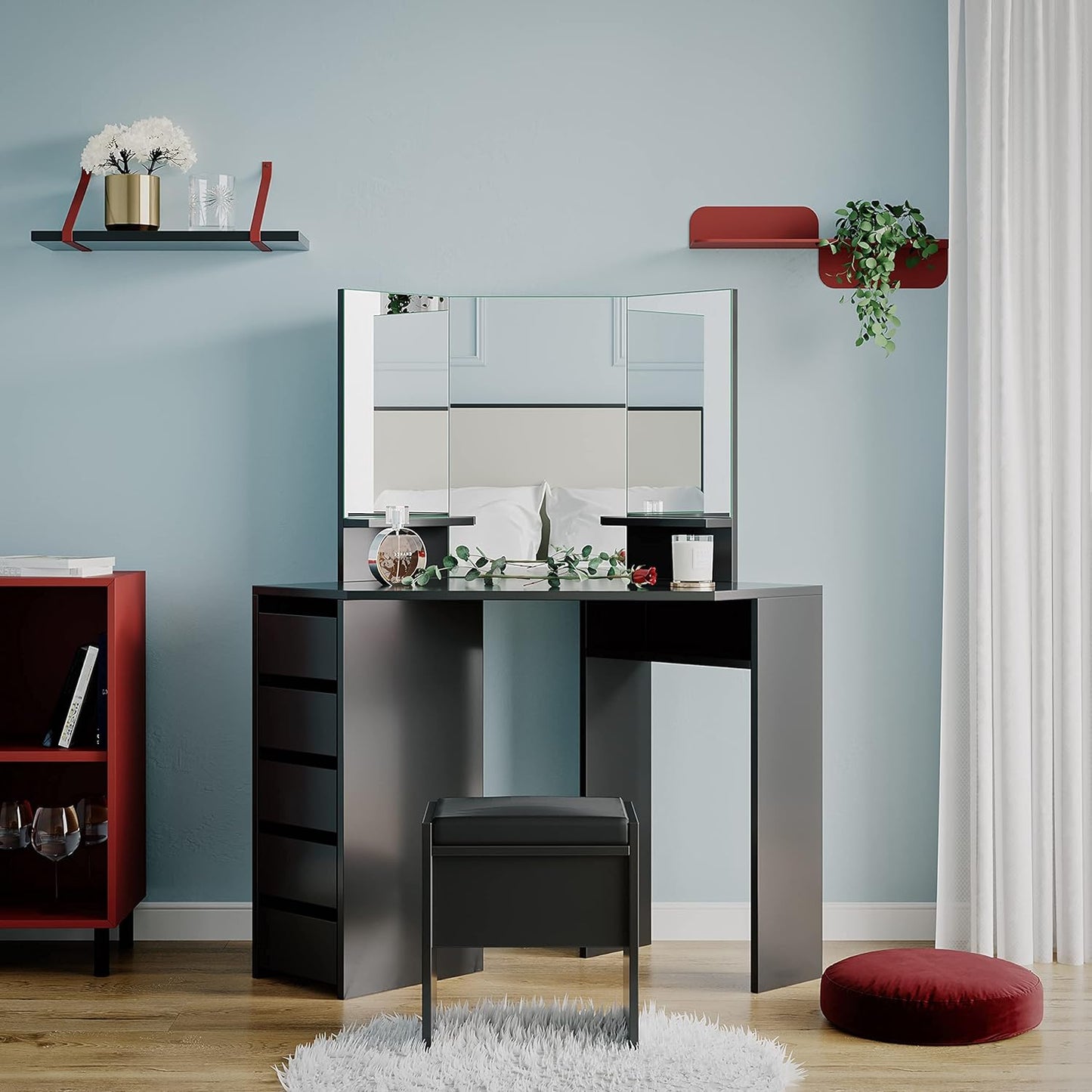 Panana Dressing Table MDF Corner Makeup Table with 3 Mirrors, 5 Drawers, 1 Compatiment and Bedroom Stool, 109 cm (L) x 55 cm (W) x 140 cm (H) (Black)
