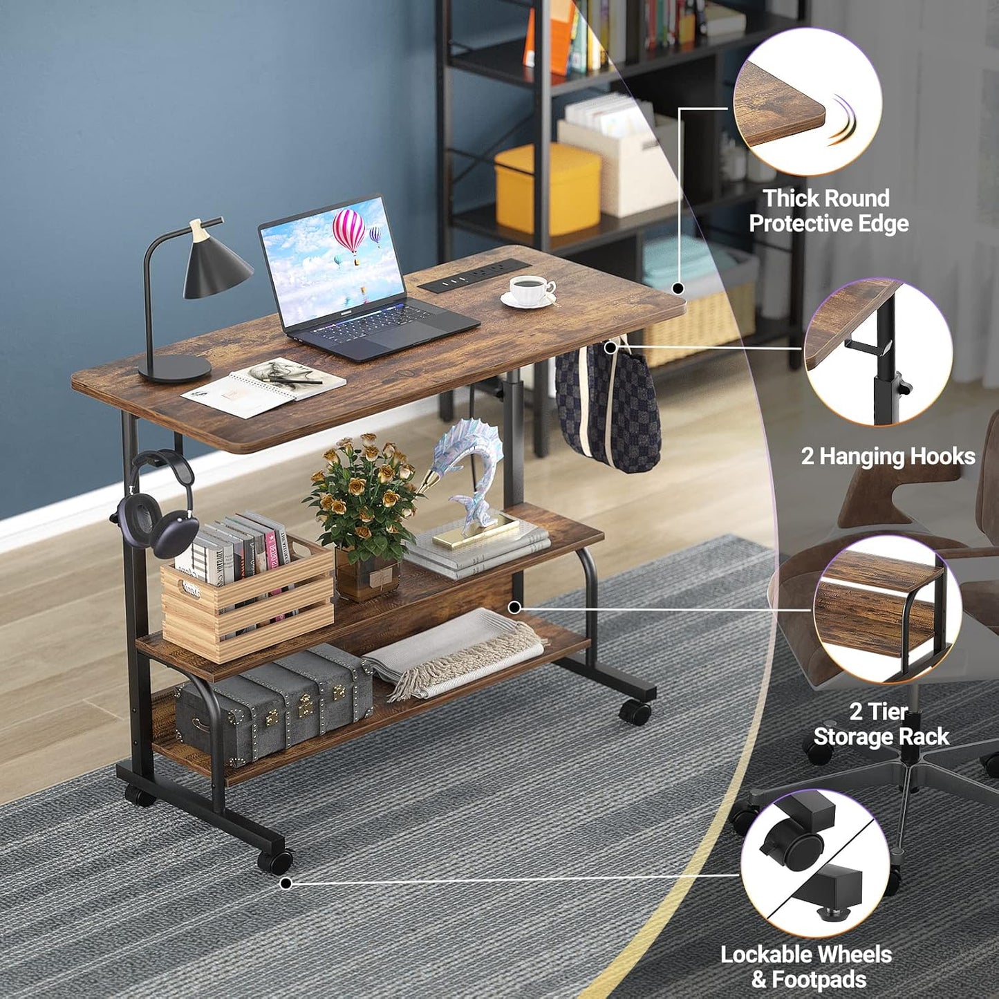 armocity Height Adjustable Standing Desk with Power Outlets, 32" Manual Stand Up Desk with Storage Shelves Small Mobile Rolling Computer Desk Portable Laptop Table with Wheels for Home Office, Rustic