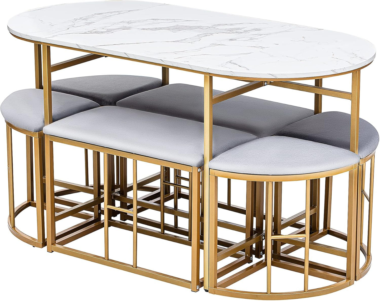 Moimhear Dining Set (Set with Dining Table, 4 Small Stools and 2 Large Stools), Kitchen Dining Table Set Made of Steel Frame, 140 x 70 x 76 cm, Maximum Load 120 kg (White and Gold)