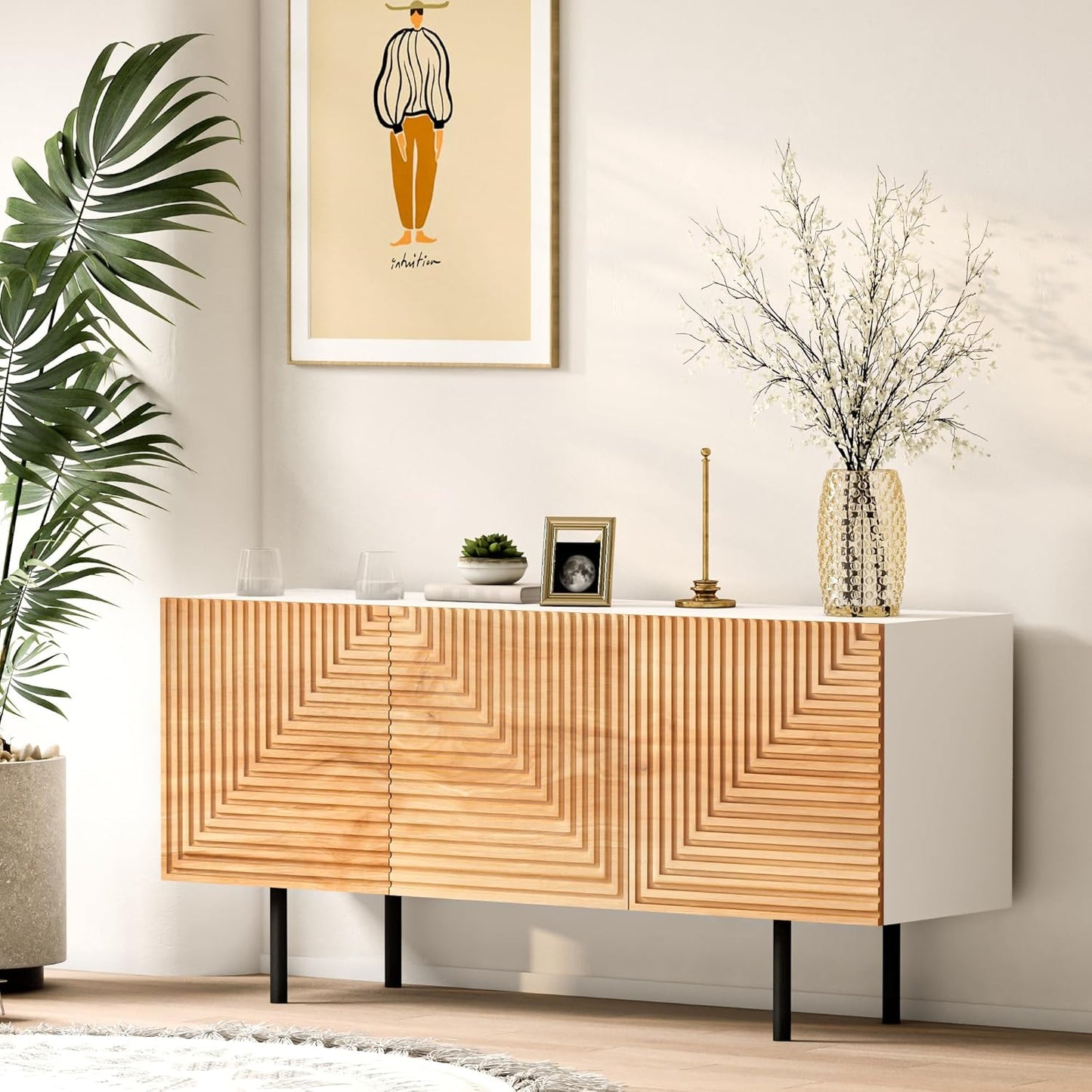 roomfitters Modern TV Cabinet, TV Unit for TVs up to 65”, Wood TV Stand Cabinet, Mid Century TV Media Units with Storage, TV Cupboard for Living Room, Wood Print Carved Geometric Design