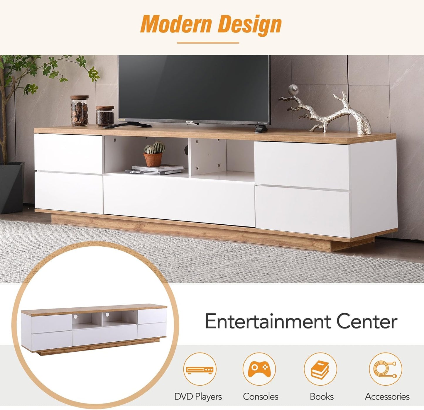 Merax Wood TV Stand Entertainment Center with Storage Cabinets & Open Shelves, Modern TV Console Table for TVs Up to 80” for Living Room Bedroom (White)