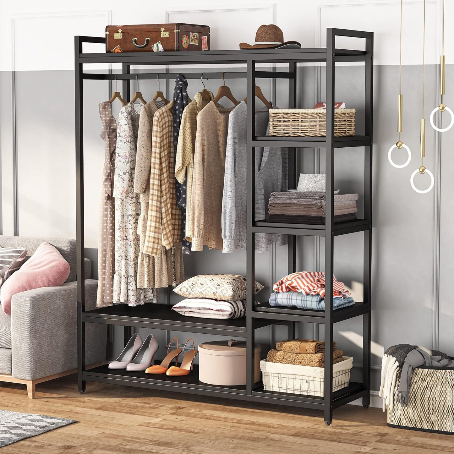 LITTLE TREE Free-standing Closet Organizer, Heavy Duty Clothes Closet, Portable Garment Rack with 6-tier Shelves and Hanging rod, Black Metal Frame & White Board (Black&black)